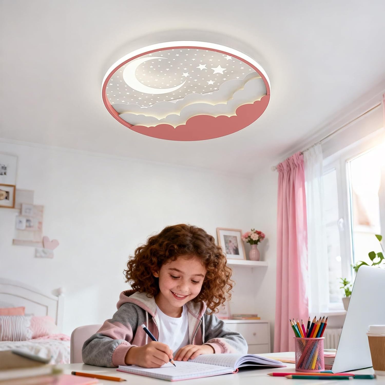 RRBEST Deckenleuchte LED Kinder Deckenlampe, Stern Mond Deckenleuchte Mit Fernbedienung, Warm, Natural, Kalt, Kinderzimmer Dimmbar Deckenleuchten, Schlafzimmer Lampe