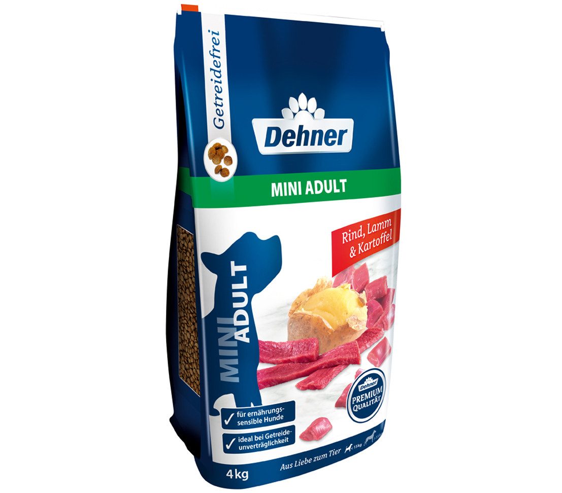 Dehner Premium Mini Adult Rind / Lamm / Kartoffel, 4 kg / 8 kg, getreidefrei Rind, 4000g, Сушеный корм для животных für ausgewachsene Hunde kleiner Rassen