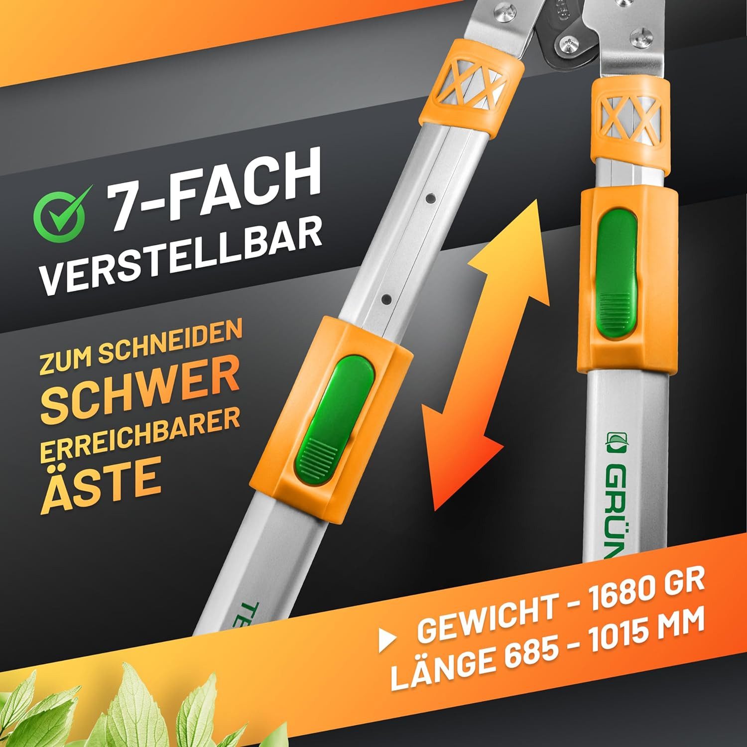 GRÜNTEK Astschere Teleskop-Astschere XT 685 -1015 mm, Amboss Smart-Cut Baumschere, gehärtete Klinge 78 mm, 7-fach verstellbare Griffe. – Bild 4 von 5