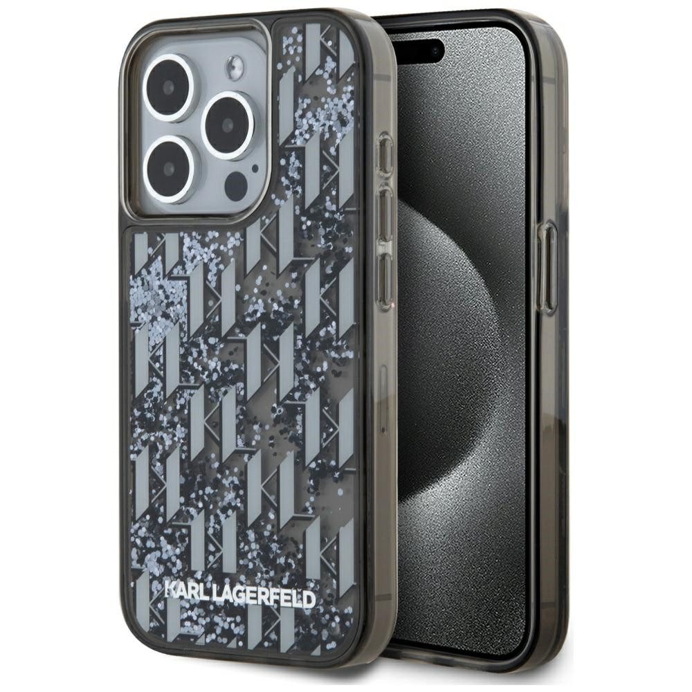 KARL LAGERFELD Handyhülle Schutzhülle Glitzerhülle Smartphonehülle 6,7 Zoll, Flüssigglitzer, Monogramm, erhöhte Kanten