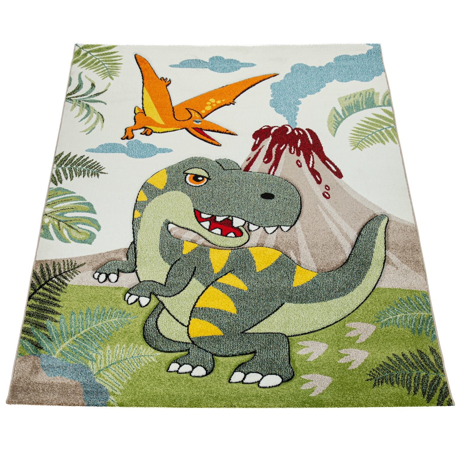 KADIMA DESIGN Kinderteppich Dinosaurier Kinderzimmer schmutzabweisend Teppich Kinder, Rechteckig, Höhe: 16 mm, Florhöhe: 12 mm, 100% Polypropylen, Rechteckig, 120x170cm, Grün
