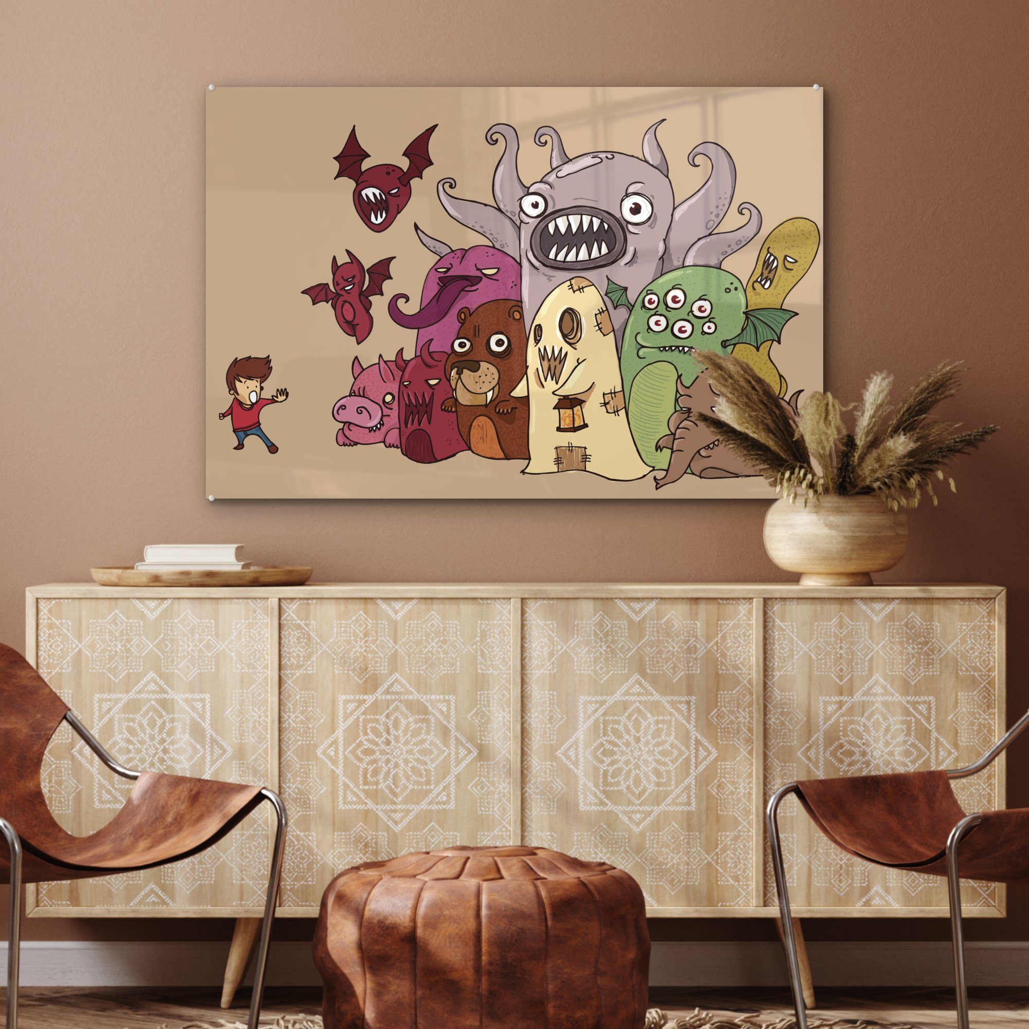 MuchoWow Acrylglasbild Absurde & verängstigten Schlafzimmer Wohnzimmer Jungen, St), mit Monster einem Acrylglasbilder (1