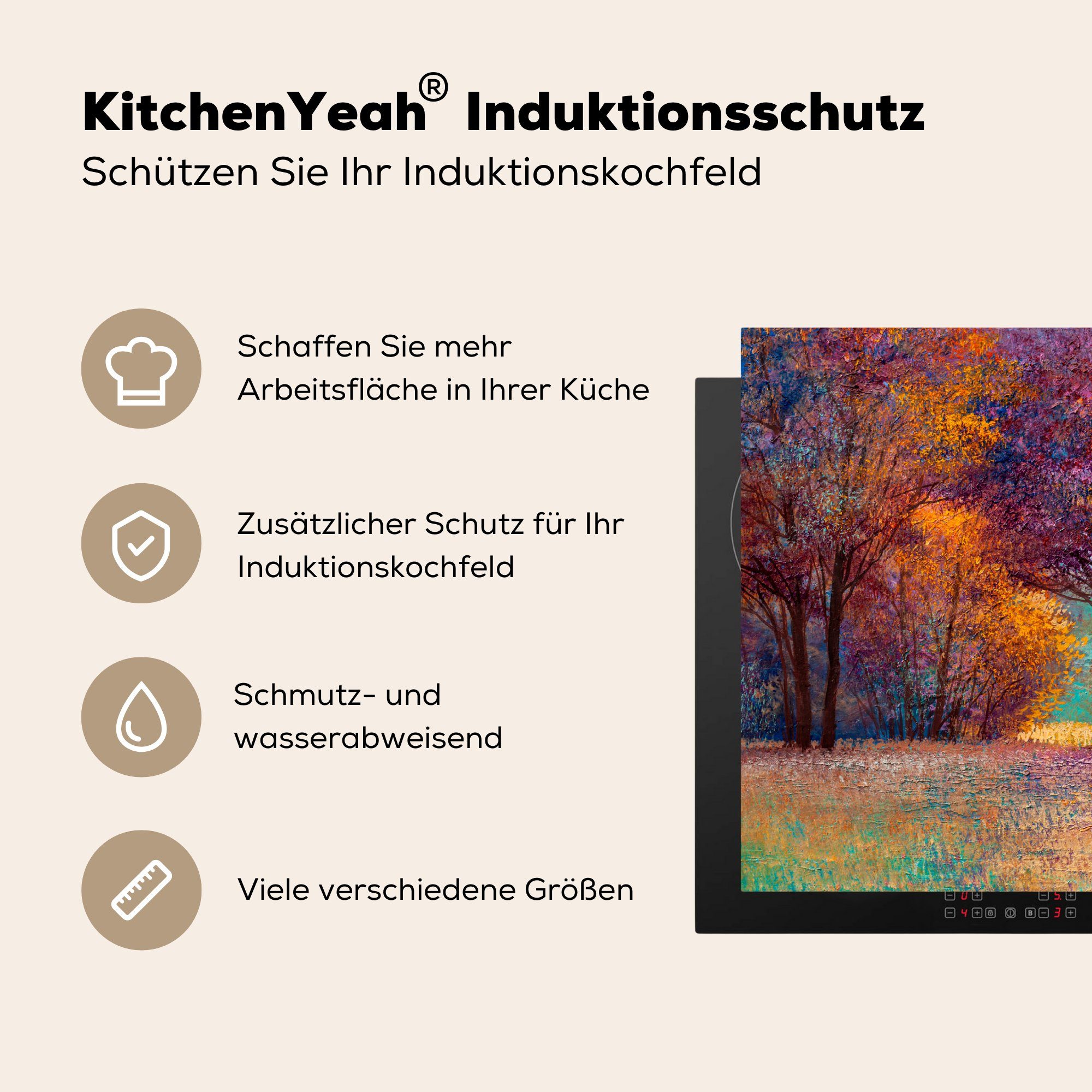 MuchoWow Herdblende-/Abdeckplatte Vinyl, Ölgemälde Baum Farben, 70x52 (1 - cm, - nutzbar, Arbeitsfläche Ceranfeldabdeckung Mobile tlg)