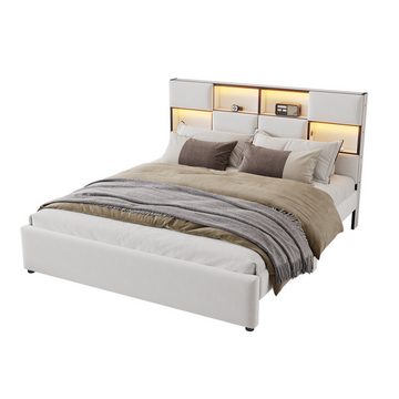 DOPWii Bett 160*200cm Flachbett mit Verstellbares Umgebungslicht,USB-Anschluss, Mehrere Ablagefächer an Der Seite des Bettes,Beige