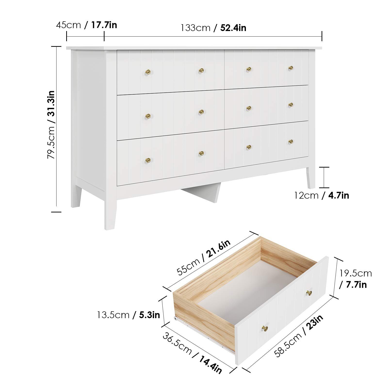Homfa Kommode 133 cm breit Sideboard Schubladenschrank, mit 6 Schubladen, Landhaus, weiß, 133x45x79,5 cm – Bild 4 von 5