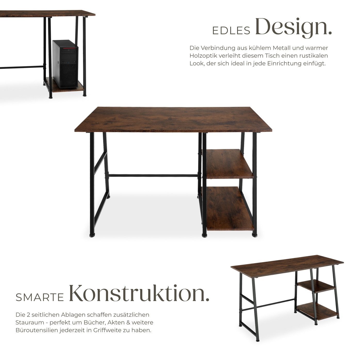 tectake Schreibtisch Bürotisch mit höhenverstellbaren Kunststofffüßen, 120 x 50 x 73,5 cm (Arbeitstisch Paisley, 1-St., in Industrial Holz dunkel, rustikal), Holz, Stahl, trapezförmiges Gestell, Seitenregal mit 2 Ablagefächern