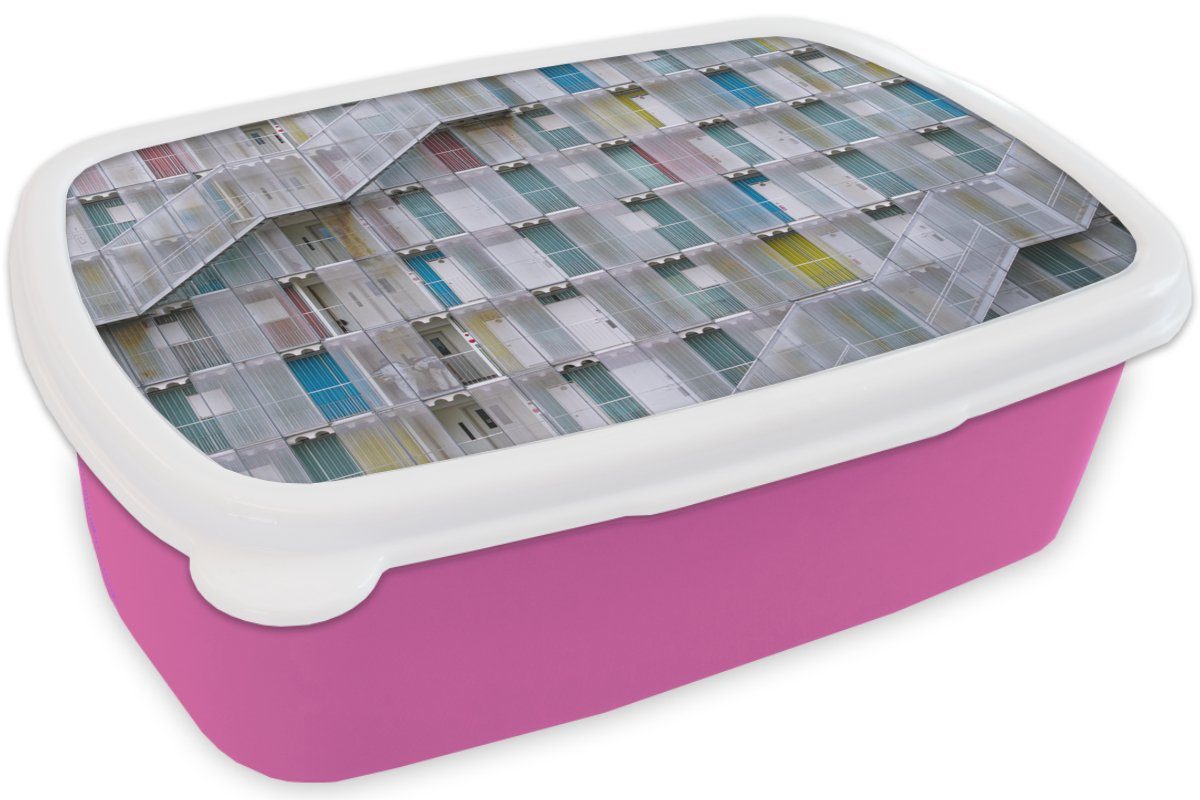 Treppe, Lunchbox Wohnungen MuchoWow Brotdose - Mädchen, Architektur rosa - - Kunststoff, Snackbox, (2-tlg), Kunststoff Türen Brotbox für Erwachsene, Kinder,