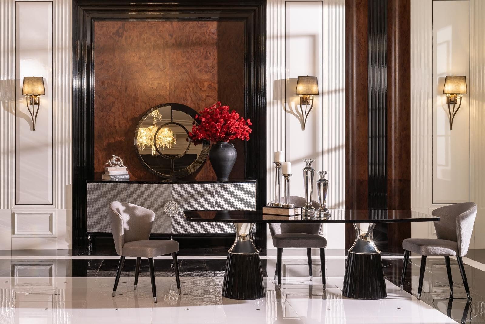 JVmoebel Esszimmer-Set Elegante Essgruppe Holzschwarz 9tlg für Esszimmer Stühle und Tisch, (9-St., 1x Esstisch+6x Stühle+1x Sideboard+1x Spiegel), Made in Europa