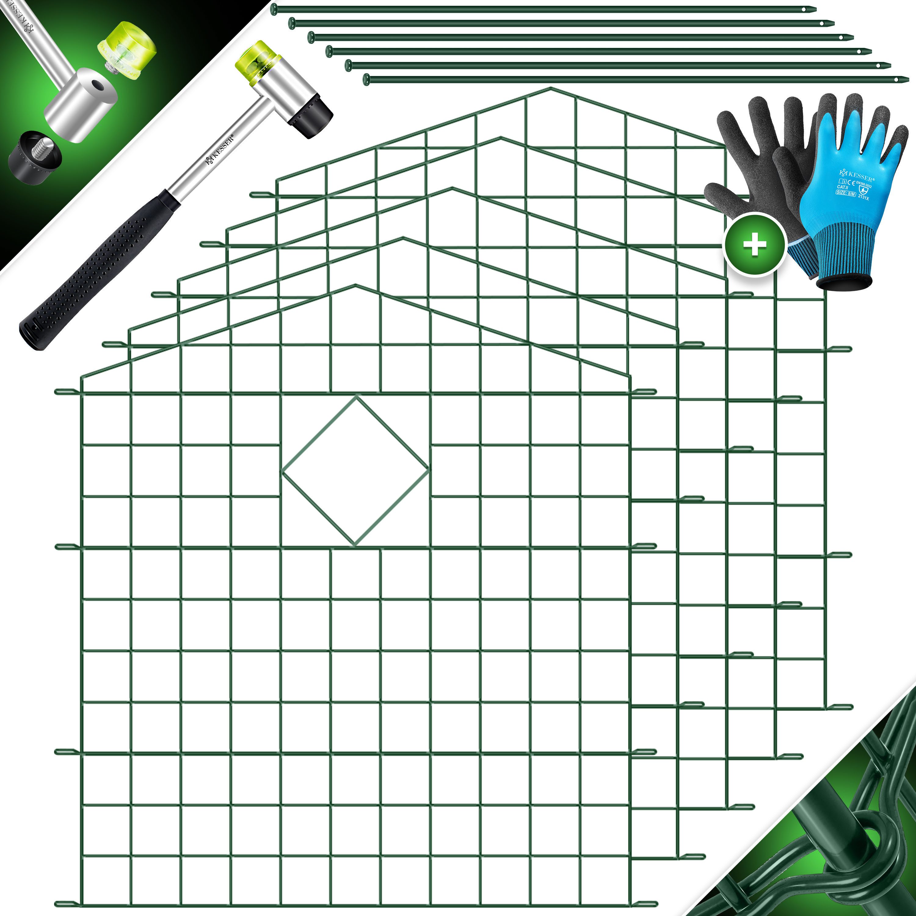 KESSER Zaun Teichzaun Gartenzaun Steckzaun Komplettset Metall Zaun für Garten, (Inkl. Handschuhe, Hammer + Befestigungsstäben), Zaun zum stecken für Garten, Gitterzaun Set Freigehege für Tiere