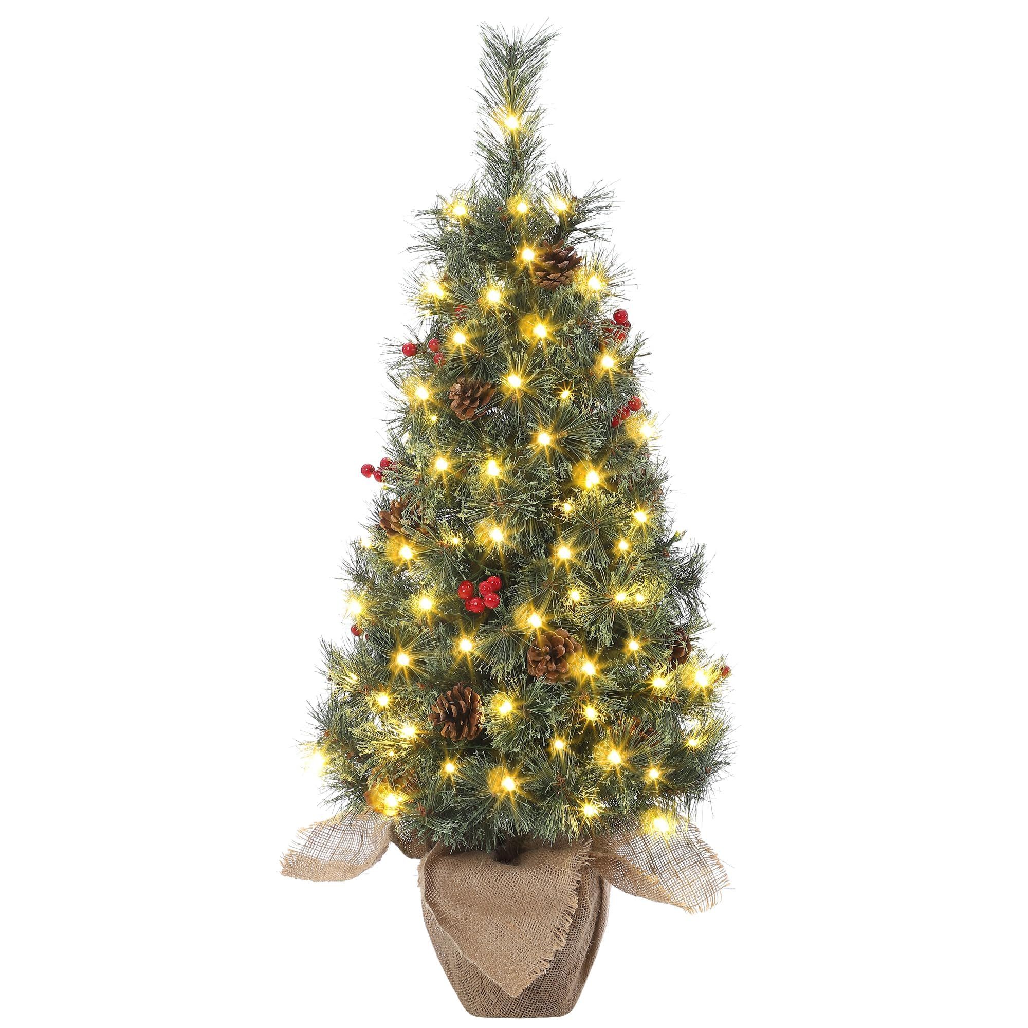 GarveeMore Künstlicher Weihnachtsbaum 90 cm Künstlicher Tannenbaum mit LED-Beleuchtung & roten Beeren