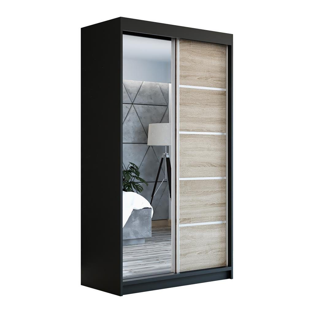 A&J MöbelLand GmbH Schiebetürenschrank GAPI mit Spiegel (TOP ANGEBOT! Geräumiger Schrank mit viel Stauraum:6 Regalen und 1 Kleiderstange – -ideal zur Aufbewahrung von Kleidung und Accessoires. TOP PRODUKT! Farbe und Größe (120 cm, 160 cm, 180 cm) zur Ausw