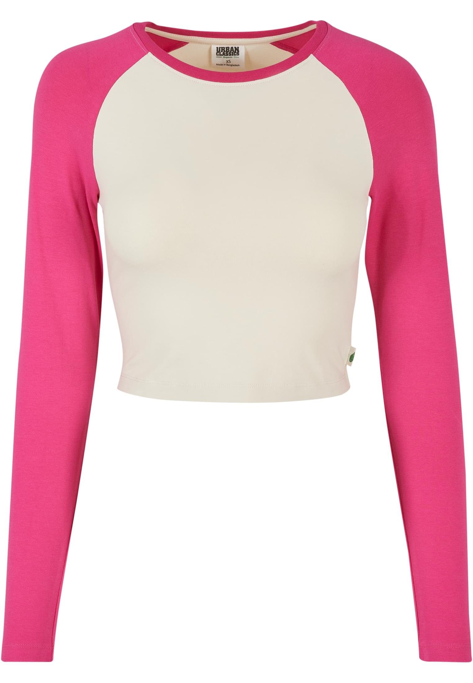 URBAN CLASSICS Langarmshirt Damen Ladies Organic Cropped Retro Baseball Longsleeve (1-tlg) whitesand/hibiskus pink