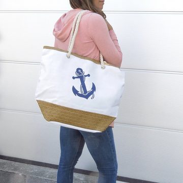 Sonia Originelli Umhängetasche Strandtasche Shopper Anker Uni Bast Maritim gestreift Seilkordel