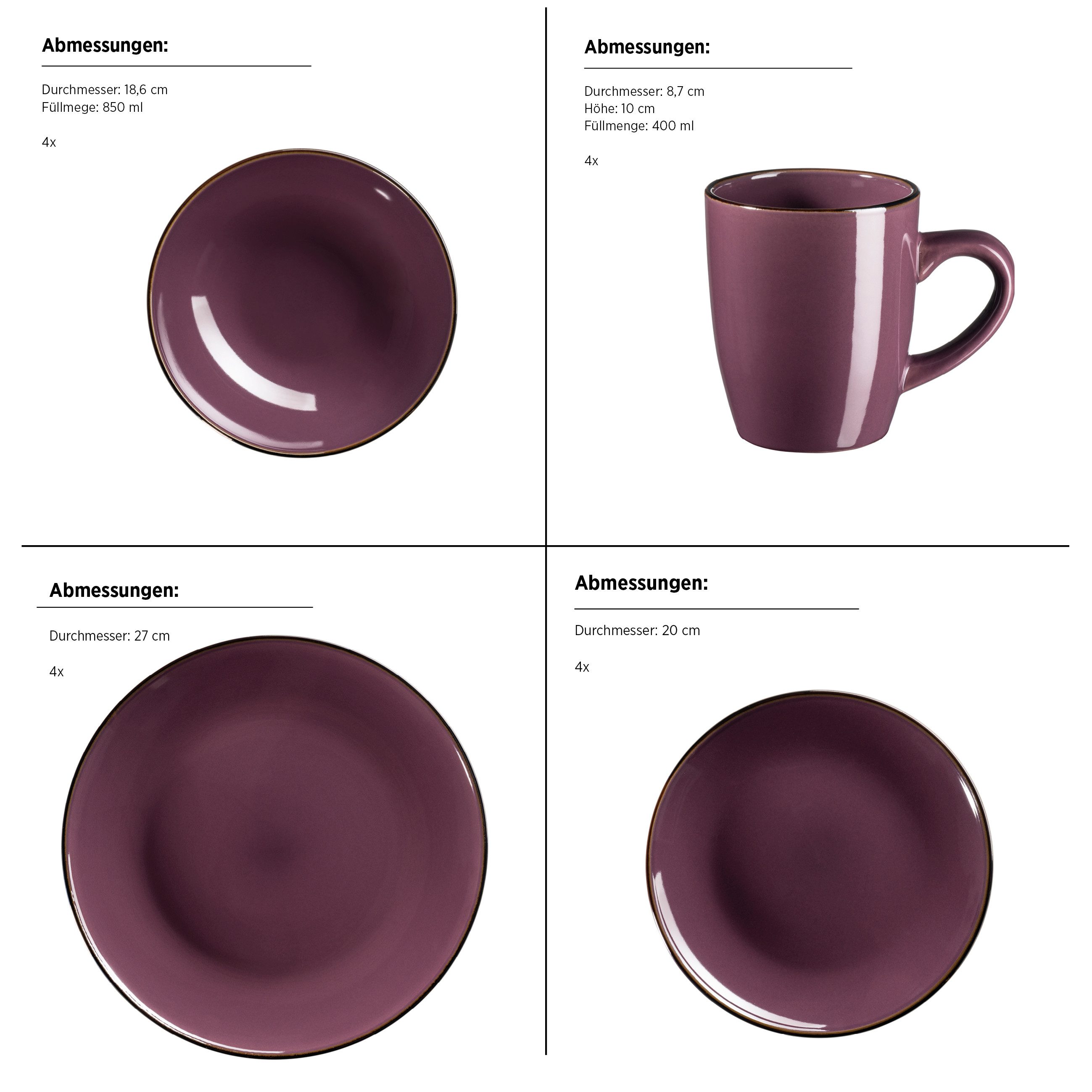 MÄSER Kombiservice METALLIC RIM (16-tlg), 4 Personen, Steinzeug