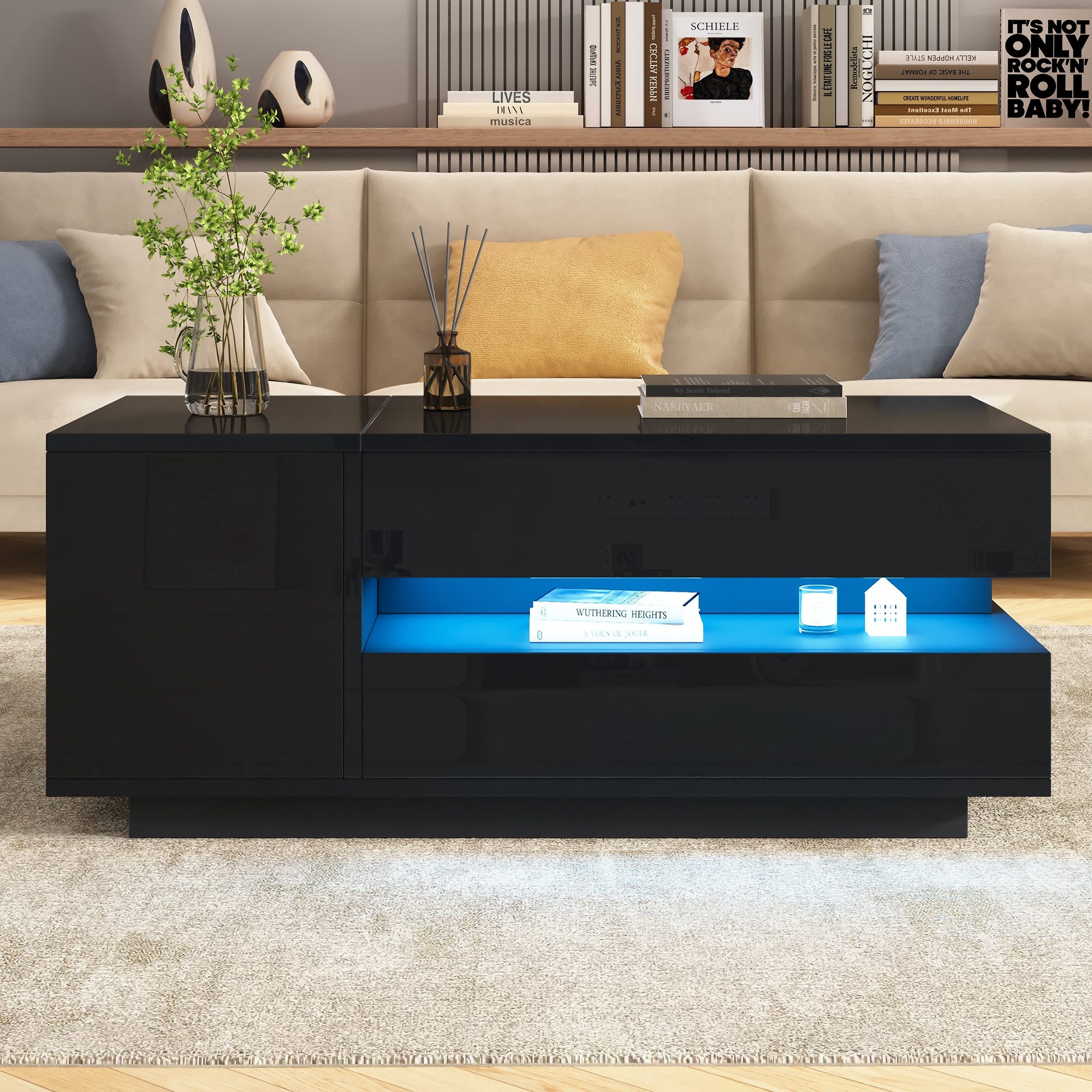 Merax Couchtisch anhebbarer Sofatisch hochglanz Beistelltisch mit LED-Beleuchtung (hydraulische Hebefunktion, modern & funktional, 1-St., Höhenverstellbare Tischplatte), Wohnzimmertisch mit Schublade, Schrank & versteckter Stauraum