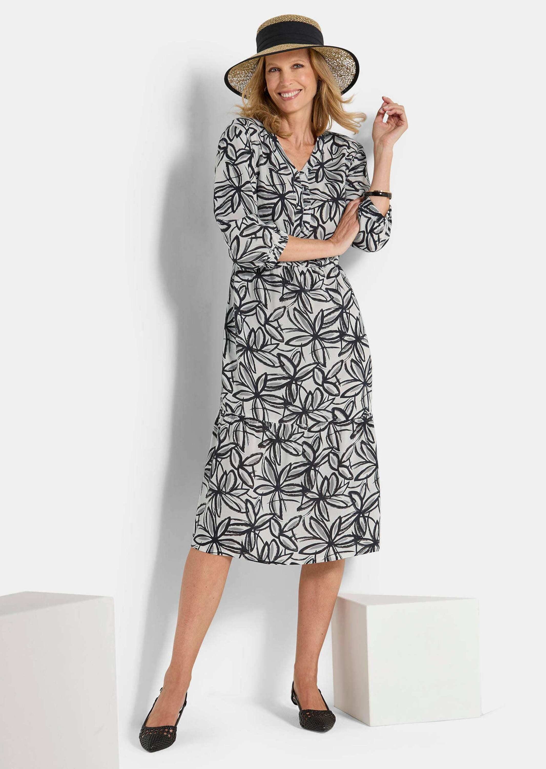 GOLDNER Druckkleid Kurzgröße: Viskosekleid mit floralem Muster Midikleid mit V-Ausschnitt, Knopfleiste, Knielänge und 3/4-Arm