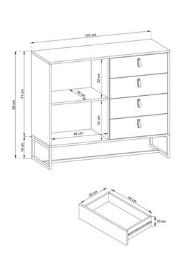 MOEBLO Kommode BENO BK103 (Moderne Wohnzimmer Schlafzimmer Möbel für Wohnzimmer Schrank Griffe aus Leder, Sideboard mit 1 Türen und 4 Schubladen, Füße aus Metall), (BxHxT): 103x89x36 cm