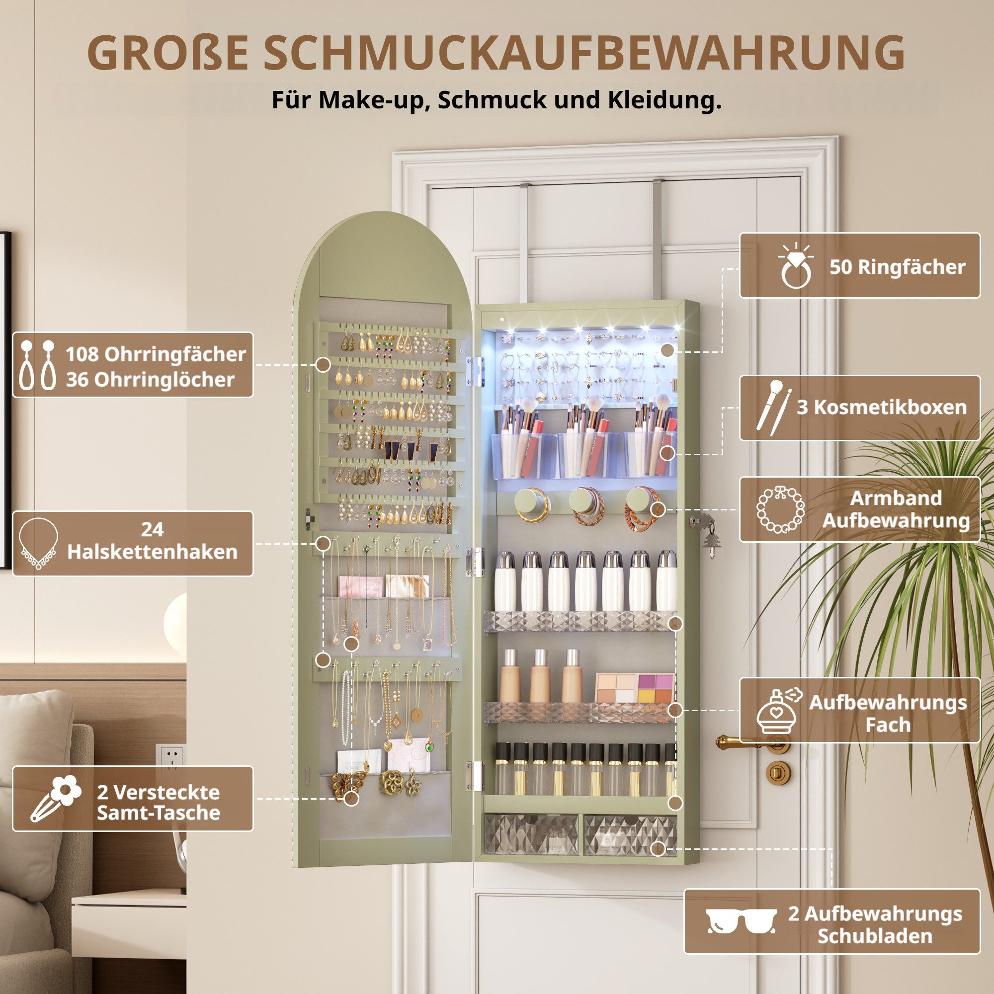 LVSOMT Schmuckschrank mit 3 Farben Licht, aus MDF, explosionssicherem Glas und Samt (1-St) mit Make-up-Spiegel, 108×40cm, grün – Bild 4 von 5