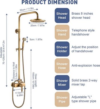 AIMOYO Duschsystem Antik Messing Duscharmatur Set Retro Gold Dusche mit Regendusche, mit 8" Regendusche Handbrause Kopf - Höhenverstellbar 70~120cm