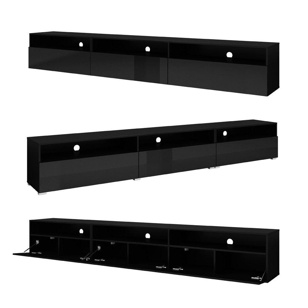 Lomadox Lowboard ARVADA-83, schwarz Hochglanz mit schwarz matt 270/40/41 cm