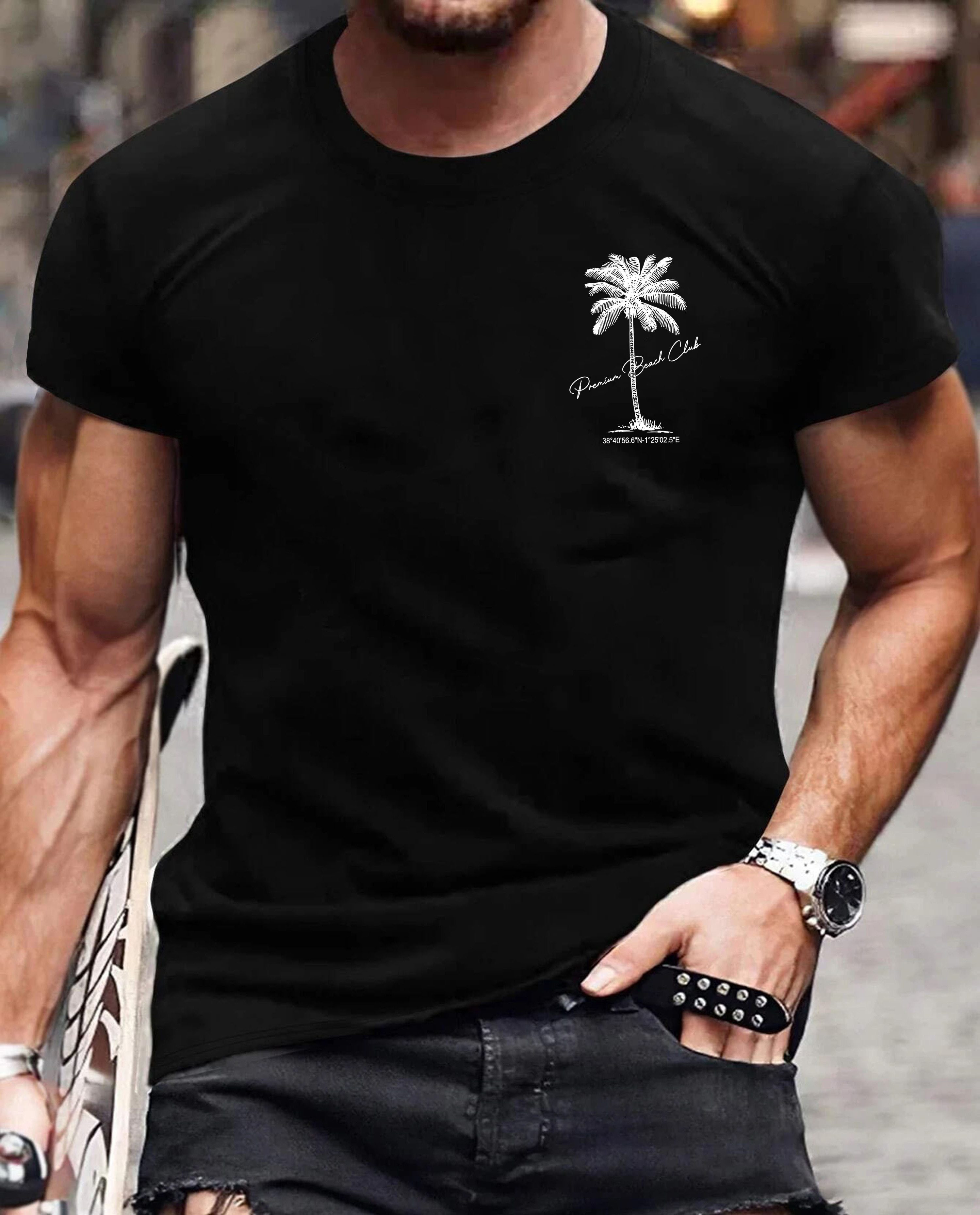 RMK T-Shirt Herren Shirt Basic Rundhals Palme Urlaub aus 100% Baumwolle