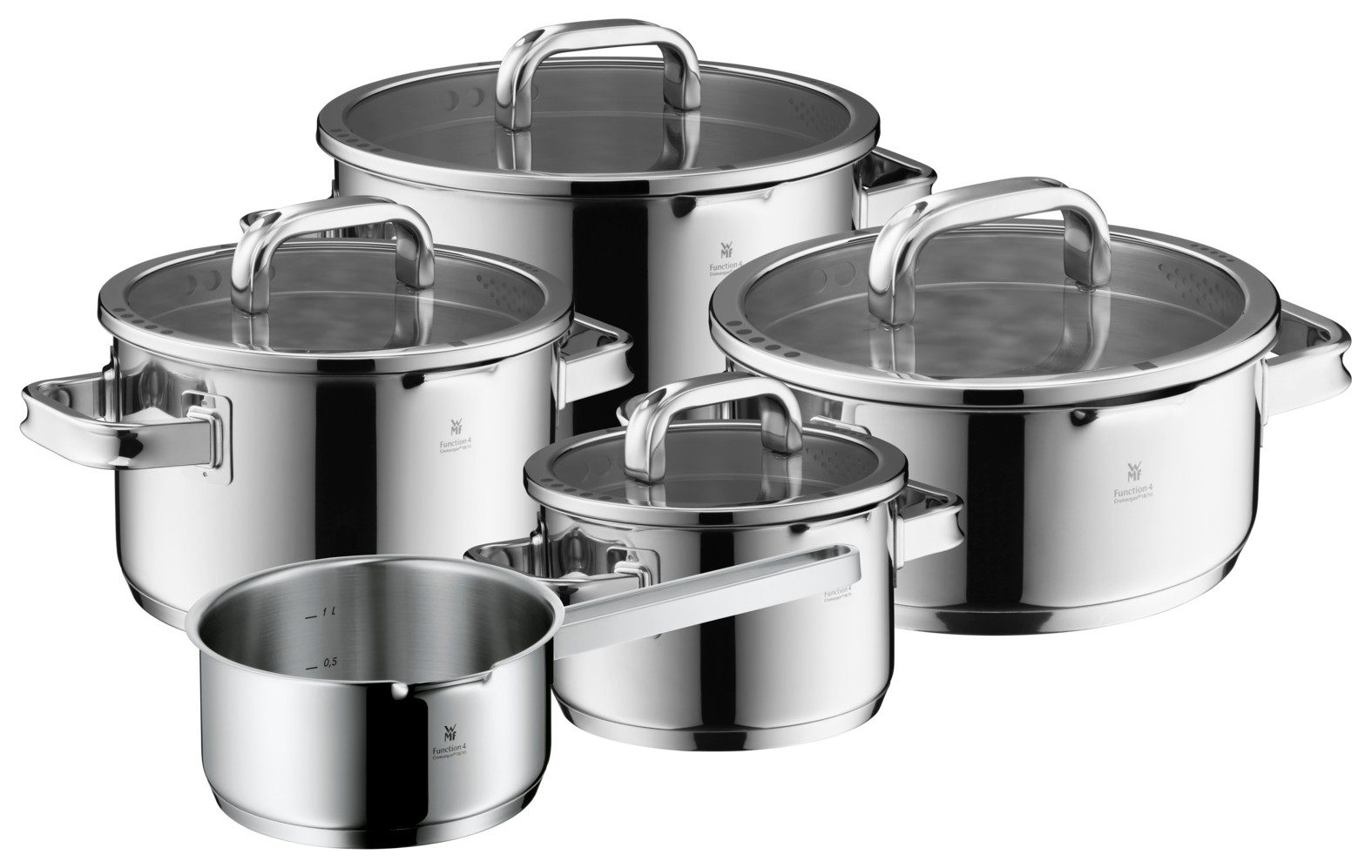 WMF Topf-Set Function 4 Advanced, Cromargan® Edelstahl rostfrei 18/10 (Vorteils-Set, 1xBratentopf mit Deckel, 3xFleischtopf mit Deckel, 1x Stielkasserolle), Glasdeckel mit 4 Abgießfunktionen