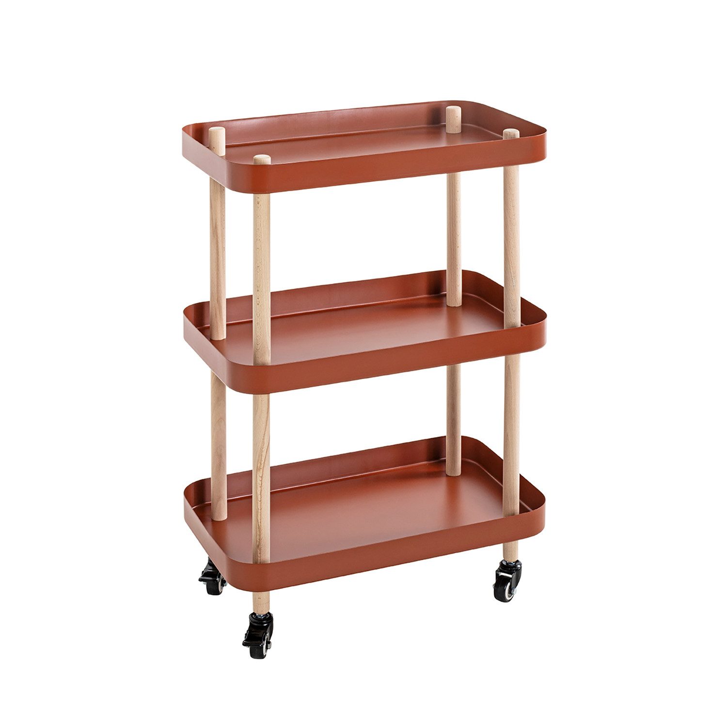 HAKU Beistelltisch LEVIN 3 Tisch - natur-rot - Massivholz, Metall - H. 76cm x B. 50cm (1xBeistelltisch auf Rollen, Dekotisch - kleiner Tisch), Tisch - Ablagetisch - Couchtisch - Sofatisch