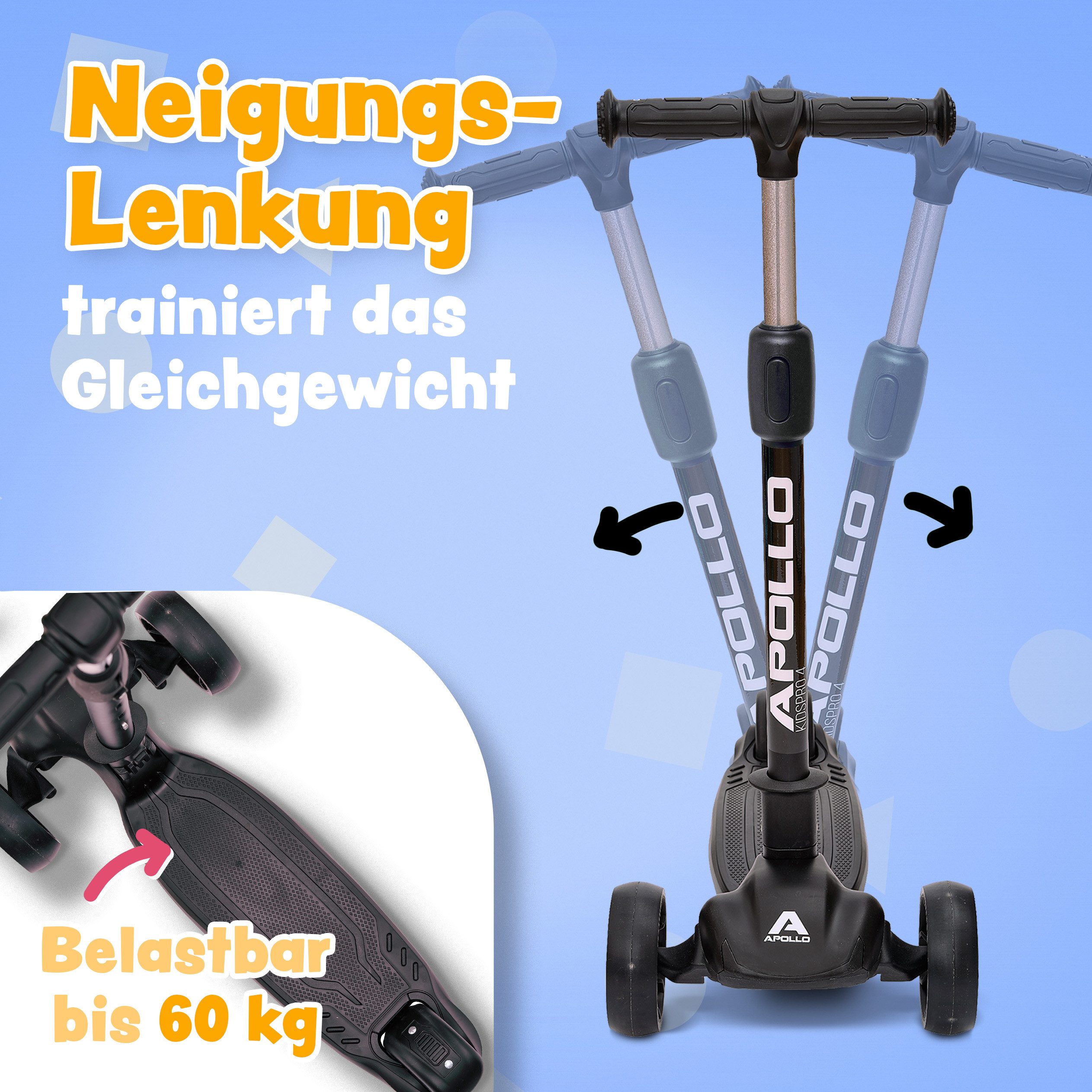 Apollo Dreiradscooter LED Kinderscooter Kids pro 4, Kinderroller mit LED Wheels, höhenverstellbar Für Kinder ab 3 Jahren