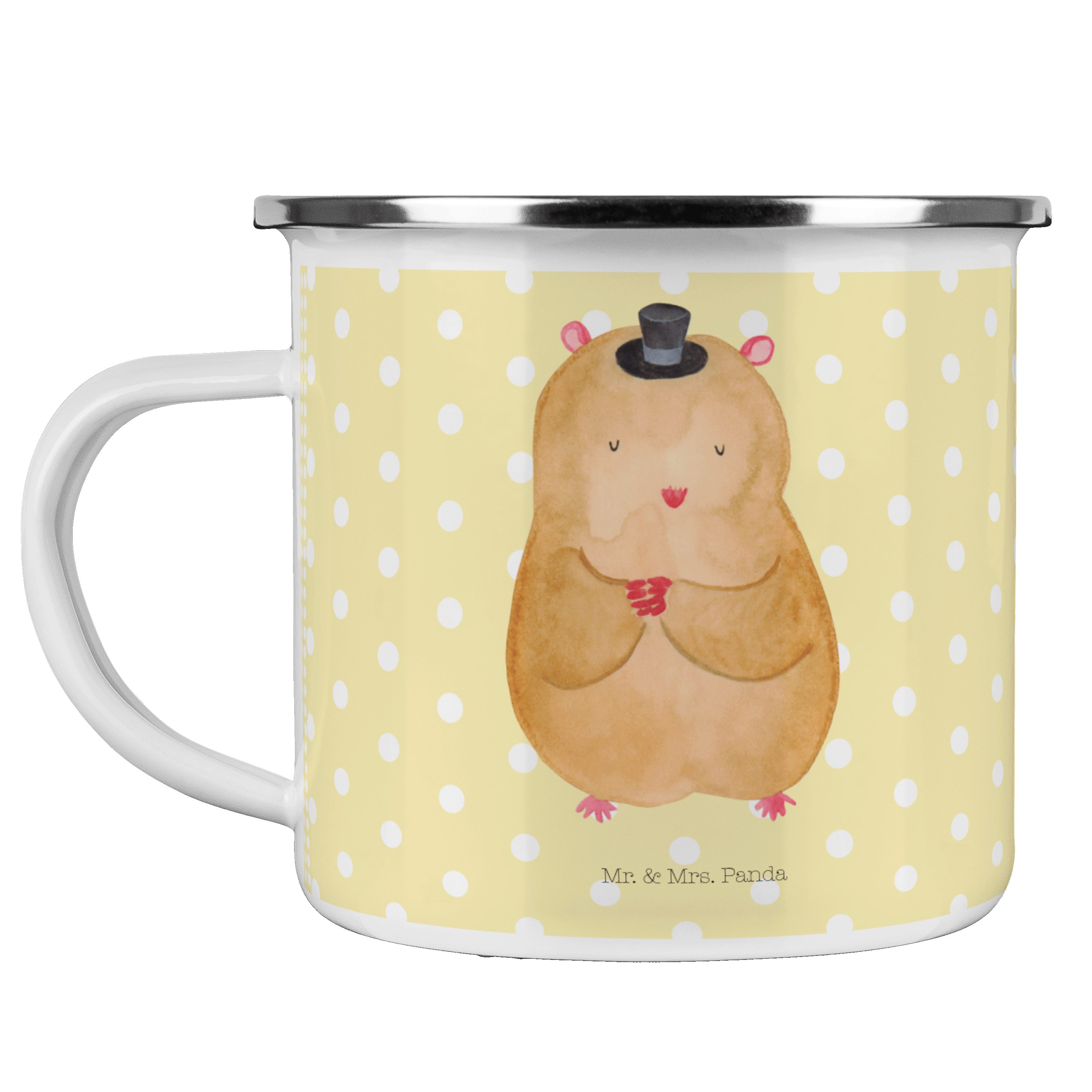 Mr. & Mrs. Panda Becher Hamster mit Hut - Gelb Pastell - Geschenk, Outdoor Tasse, Blechtasse, Emaille