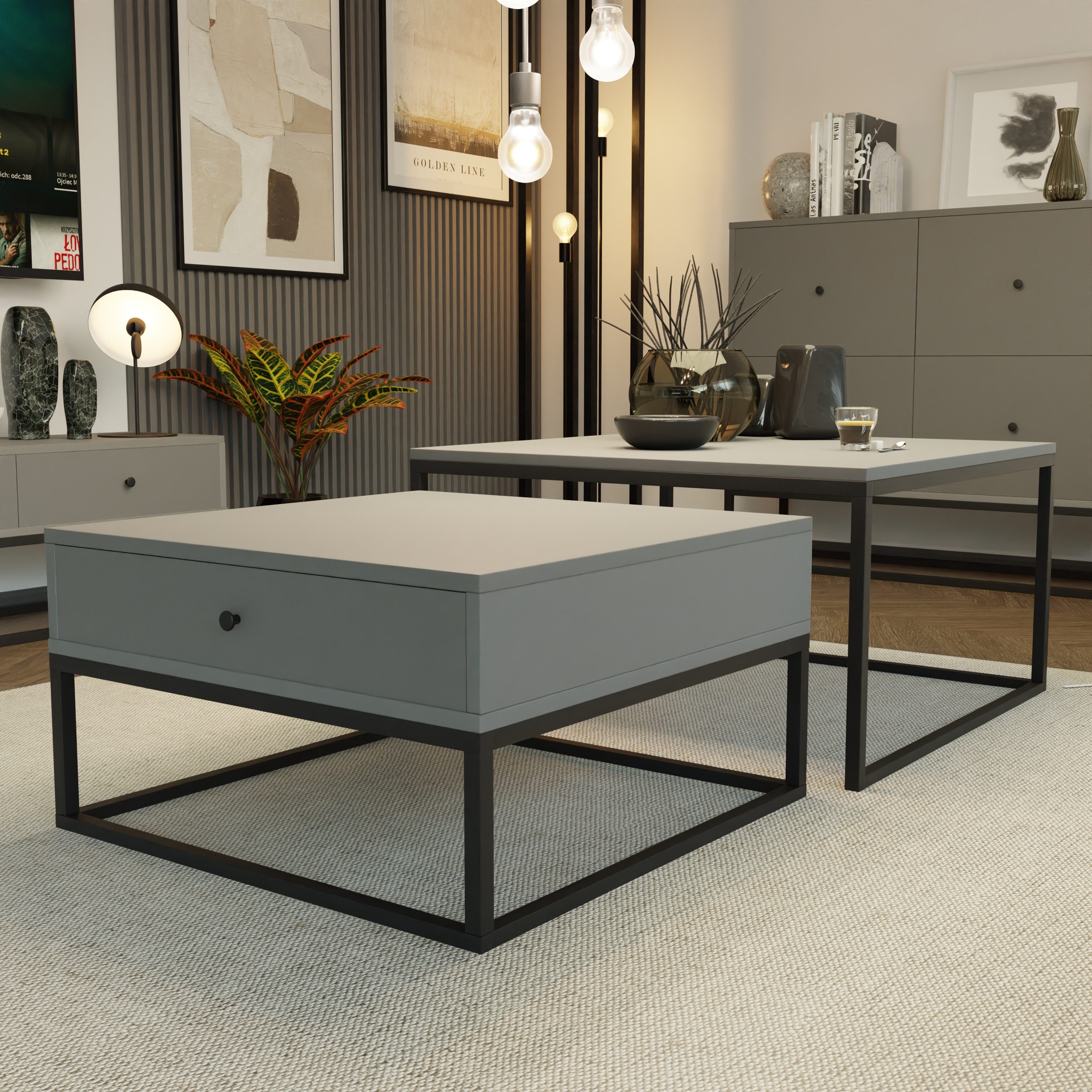 yourhouse24 Couchtisch Set ELEGANT 2-in-1 mit Schublade & Metallgestell – Industrial