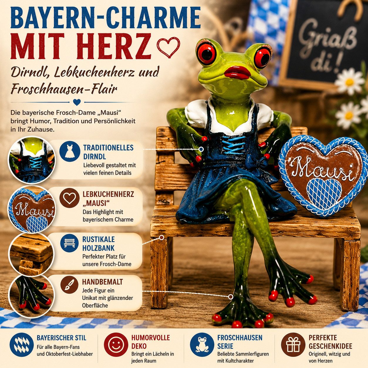 formano Sammelfigur Froschhausen Frosch-Lady Mausi im Dirndl mit Lebkuchenherz 13 cm