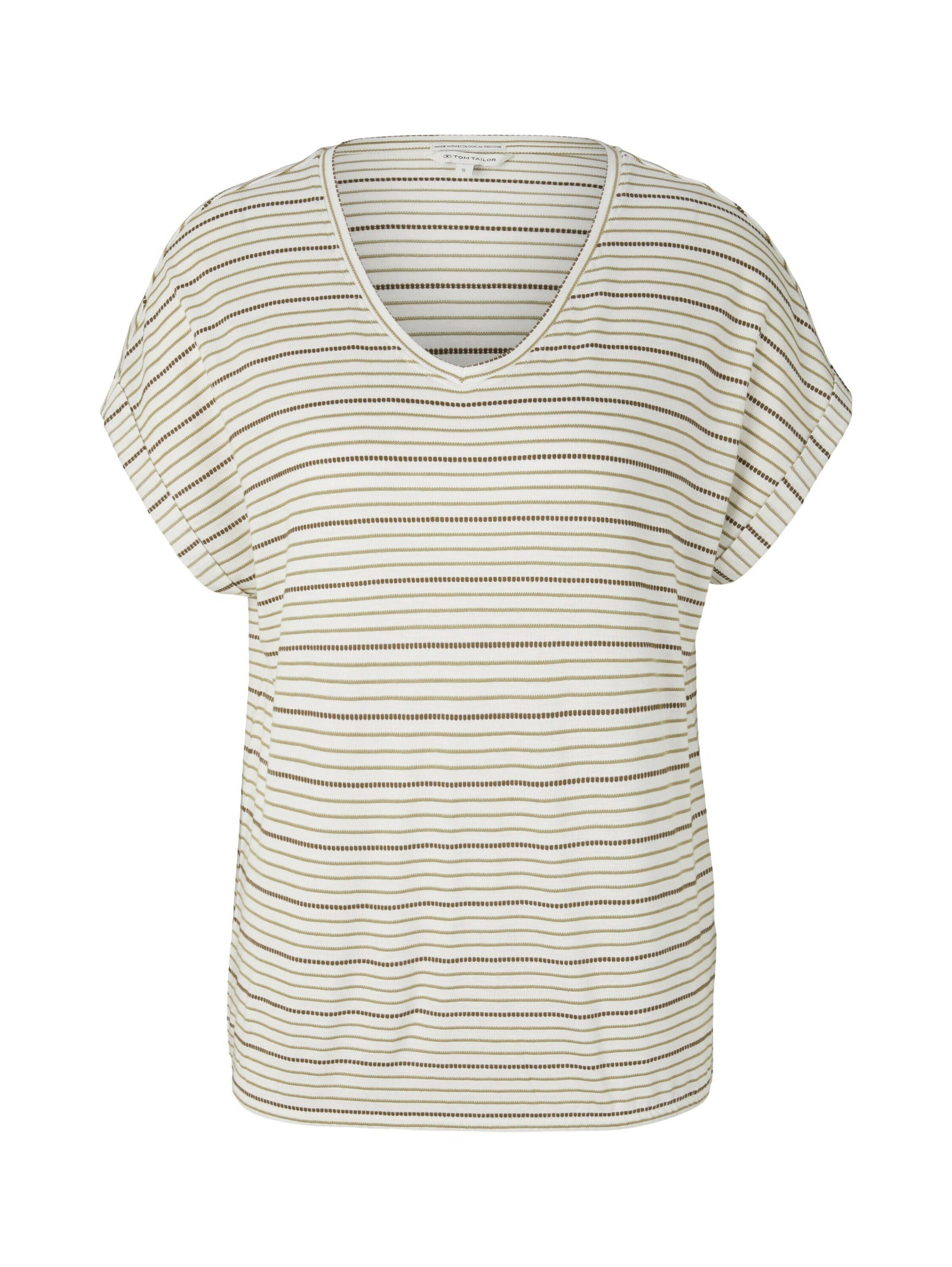 TOM TAILOR T-Shirt (1-tlg) Drapiert/gerafft offwhite olive stripe | 