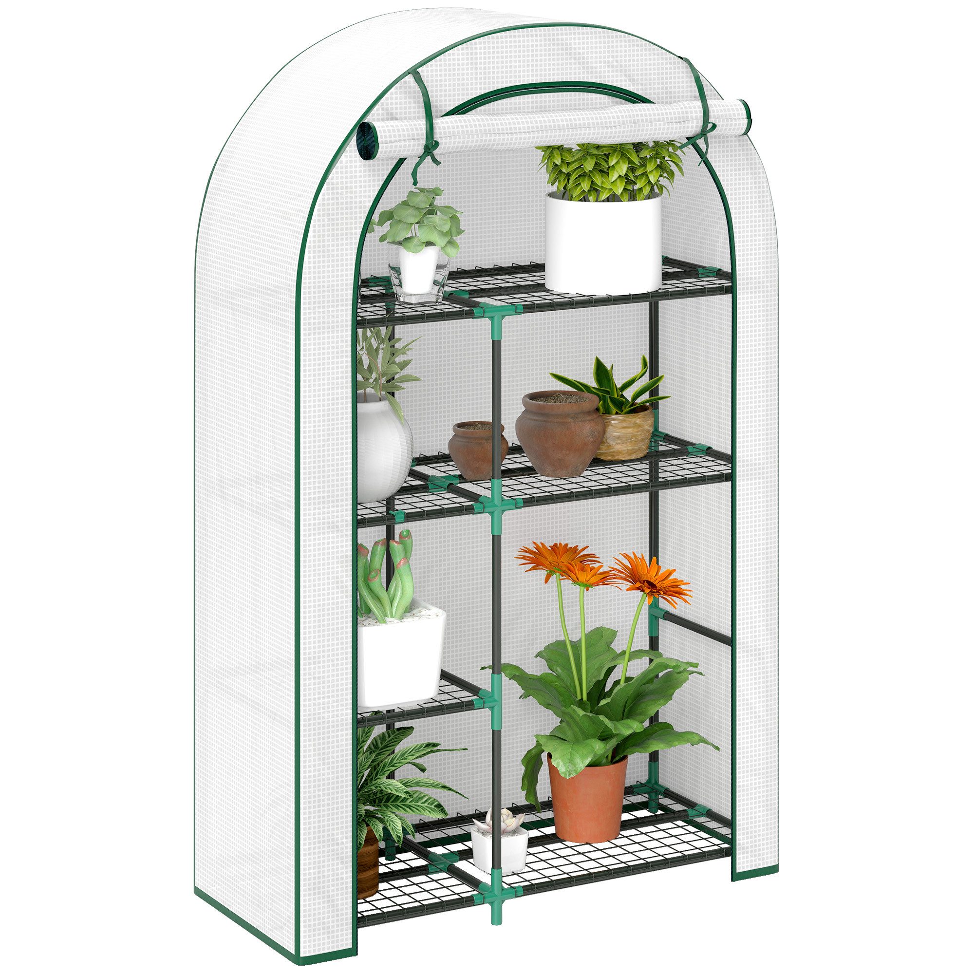 Foliengewächshaus mit Runddach, Rolltür, Fenster, Regale, winterfest, aus Stahl