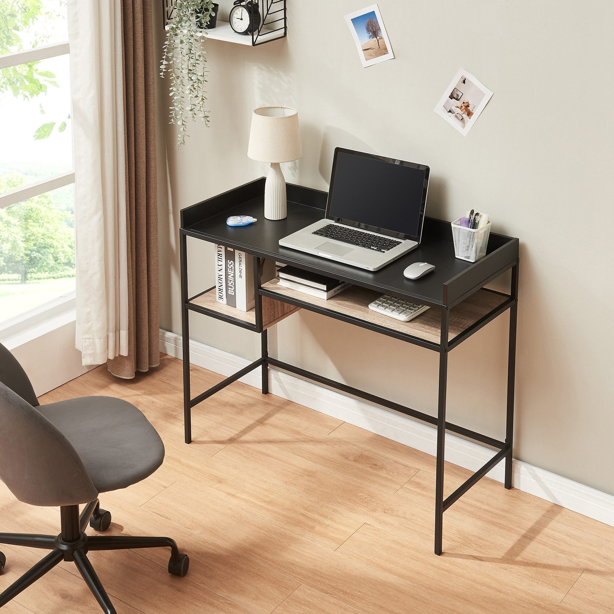 en.casa Schreibtisch, »Belana« mit 2 Ablagen 100x43x82 cm Metallgestell Schwarz/Eicheoptik