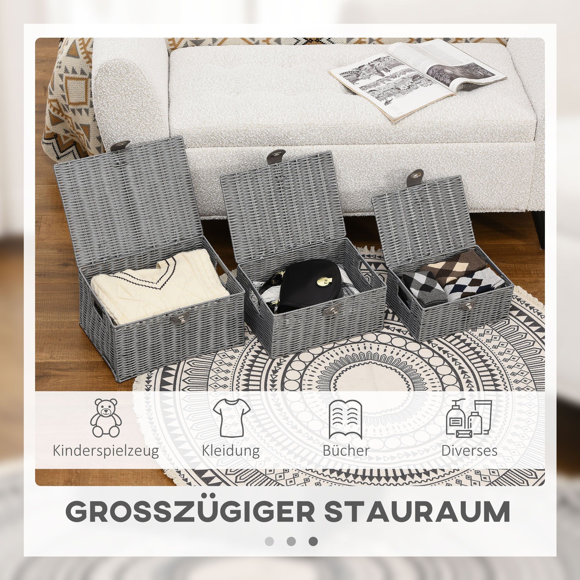 HOMCOM Aufbewahrungskorb 3er-Set Aufbewahrungsboxen mit Deckel und Schnallen (Ordnungsboxen, 3 St., Aufbewahrungskorb), Grau PP, Metall