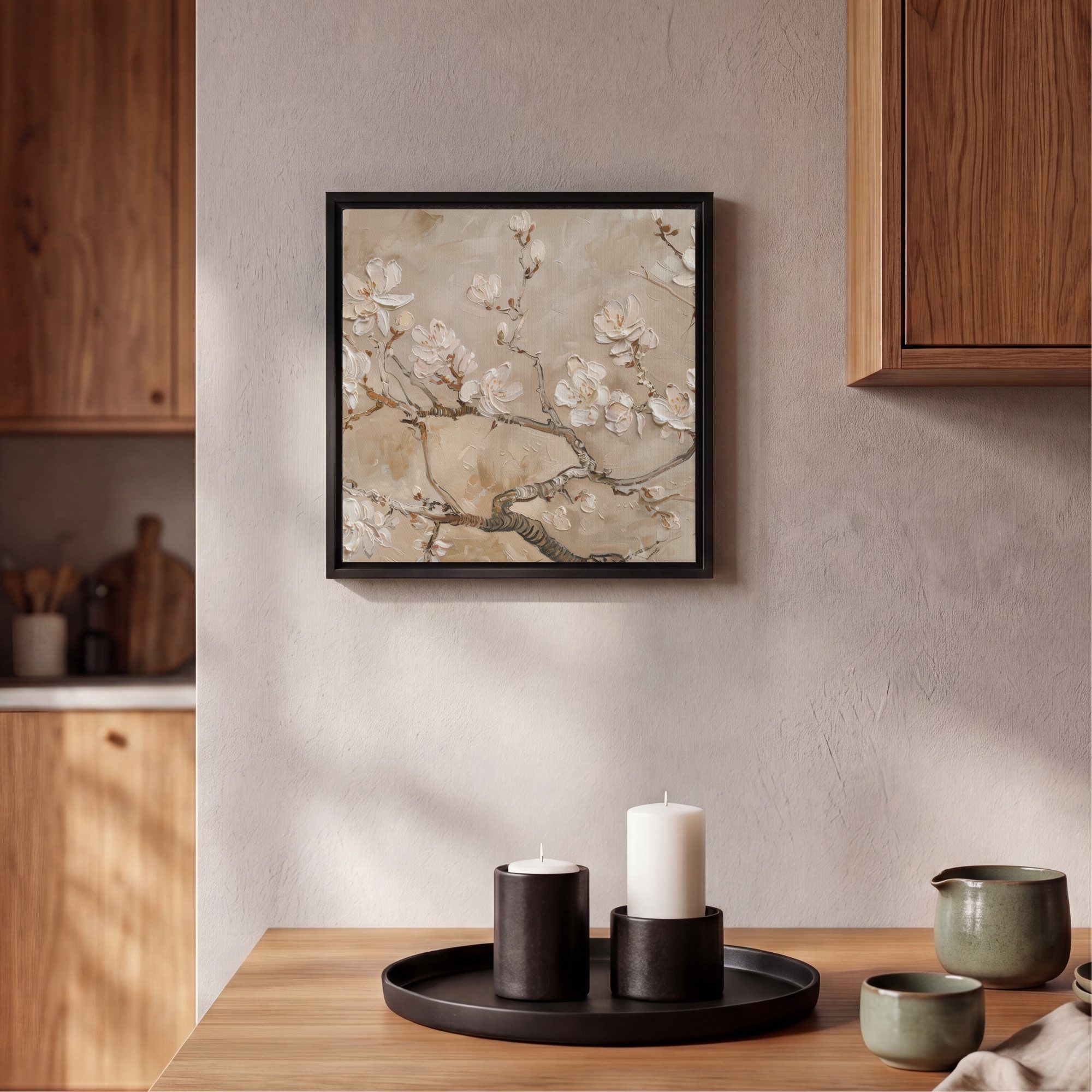 OneMillionCanvasses® Leinwandbild mit Rahmen - Blumen - Modern - Beige - Weiß - Blüte, Fotodruck (1 St), Leinwand Bilder Klein, Wand Dekoration Aesthetic 20x20cm