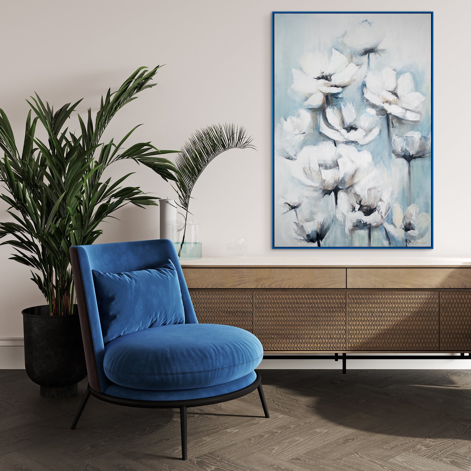 Blumige Blumen YS-Art Rahmen in Blau Gemälde Mit Zärtlichkeit,