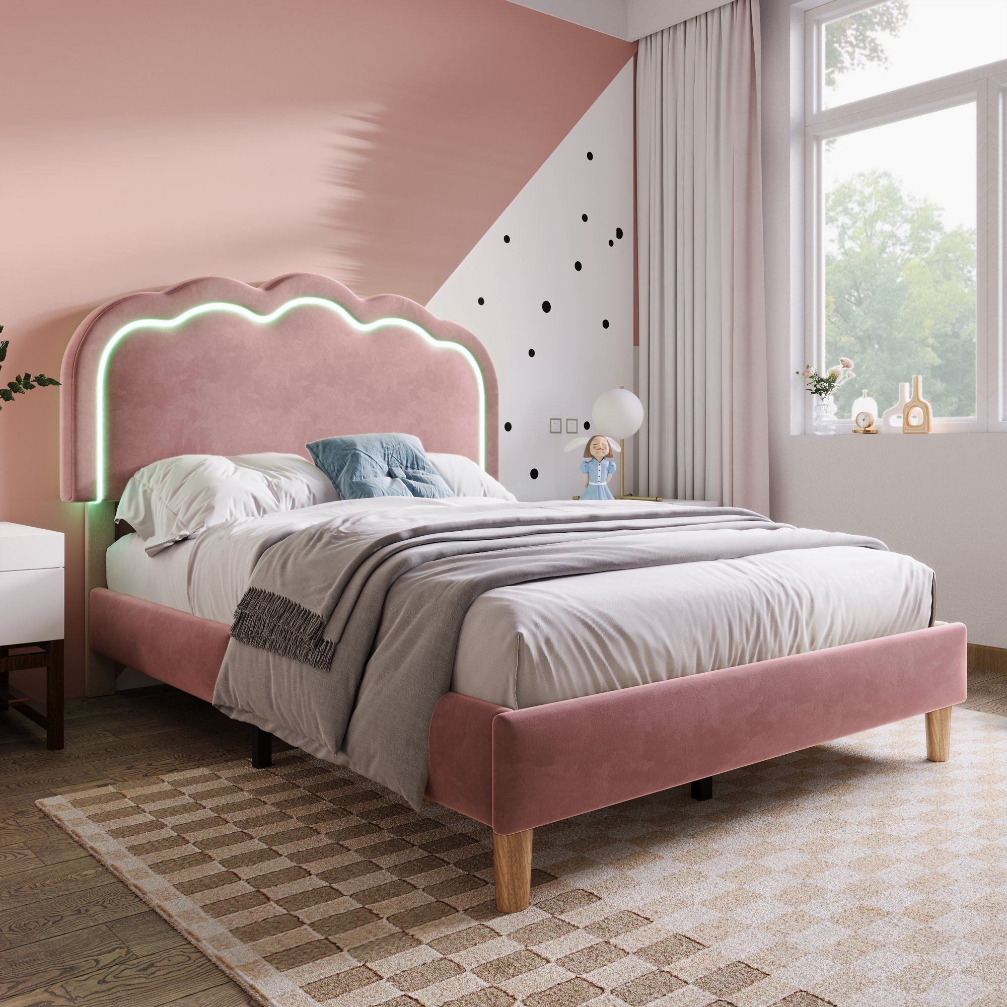 Polsterbett (Einzelbett, LED Jugendbett), mit Lattenrost und Verstellbares Kopfteil in Puff-Form, 90x200cm, Samt