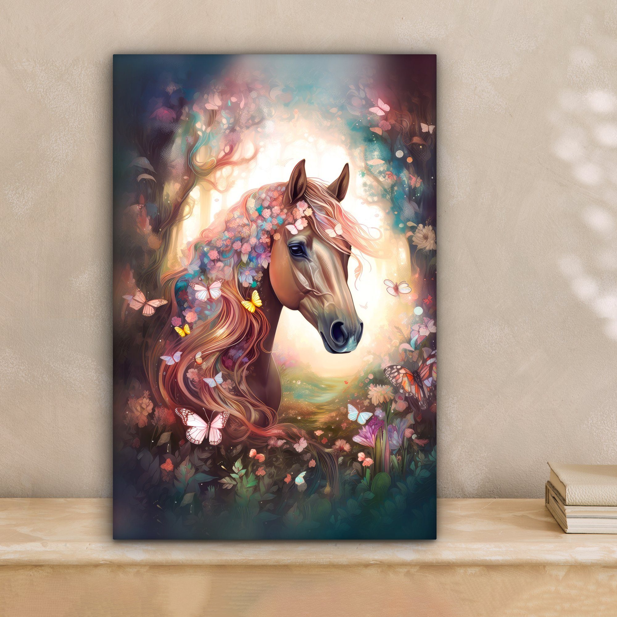 OneMillionCanvasses® Leinwandbild Pferd - Natur - Blumen - Schmetterlinge - günstig online kaufen