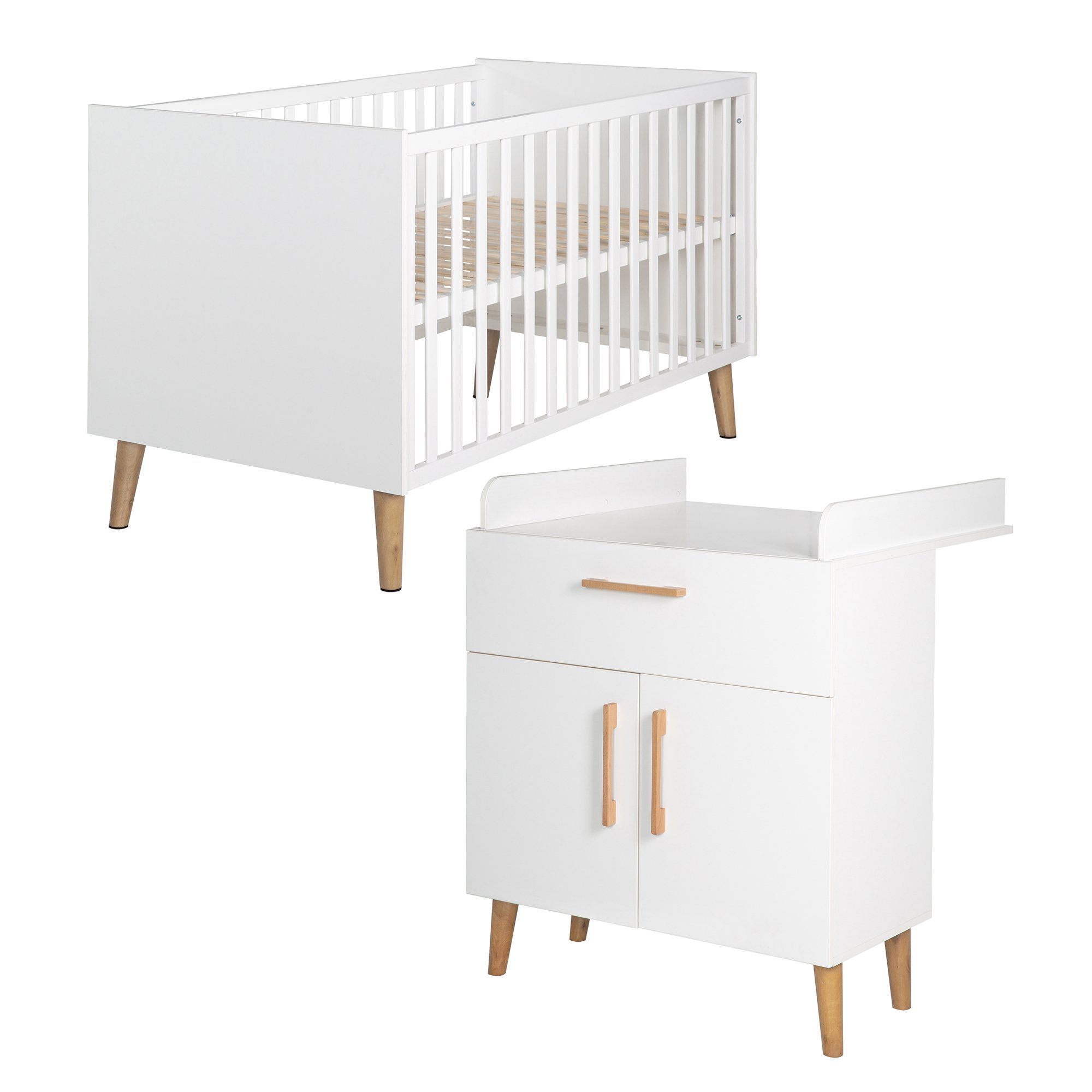 roba® Babyzimmer-Komplettset Mick, Gitterbett & Wickelkommode - Weiß/ Goldeiche