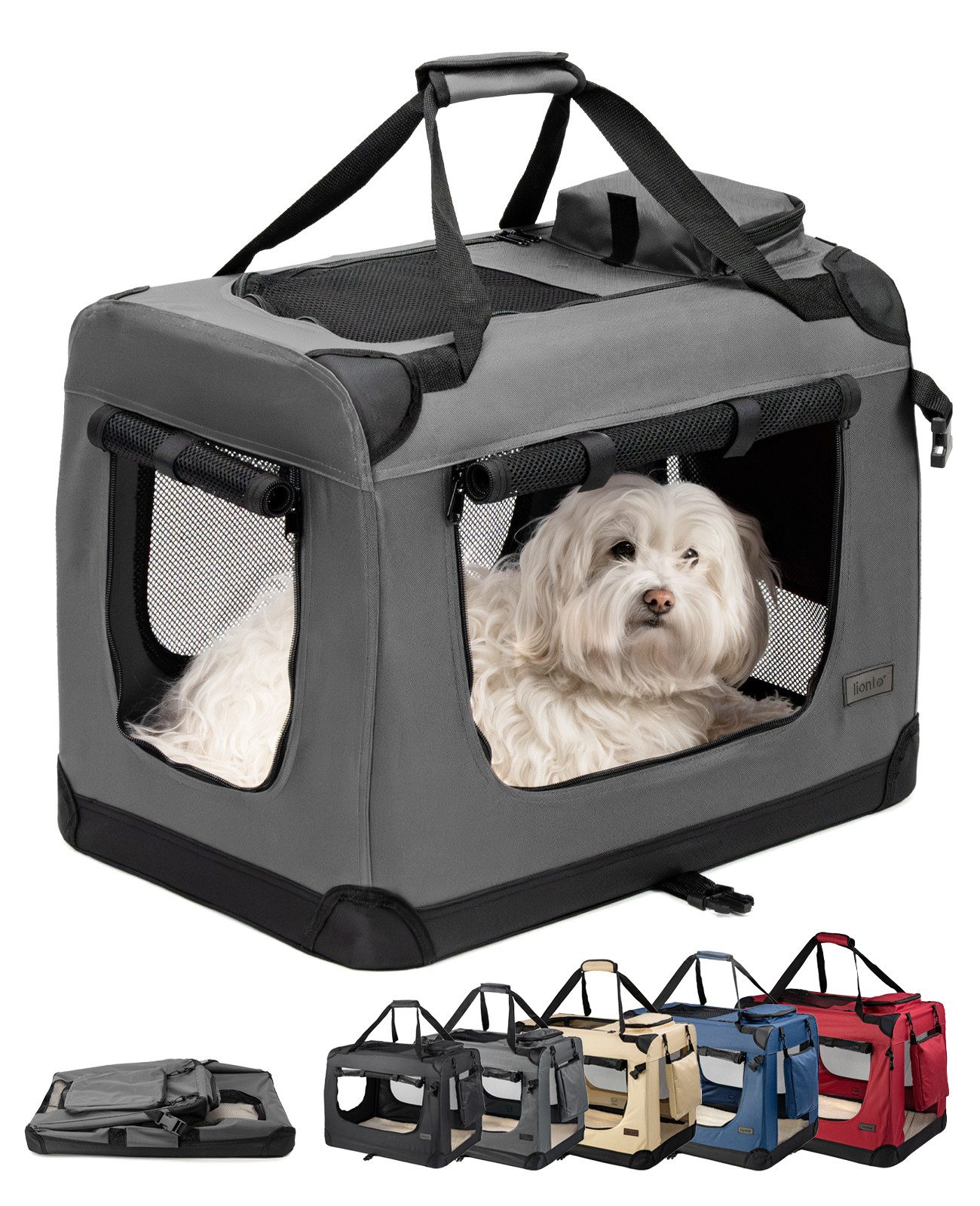 lionto Tiertransportbox stabil aus Textil, für Hunde und Katzen bis 12 kg, 60x42x44 cm, grau