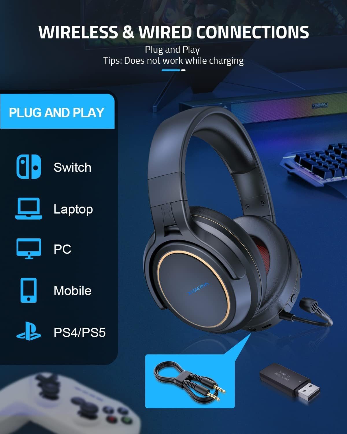 Drahtloses PS5, Computer für Sound Gaming-Headset 3D PC und für Gaming-Headset Laptop, Mit (Geräuschunterdrückung, Mikrofon) - PS4, NUBWO Surround