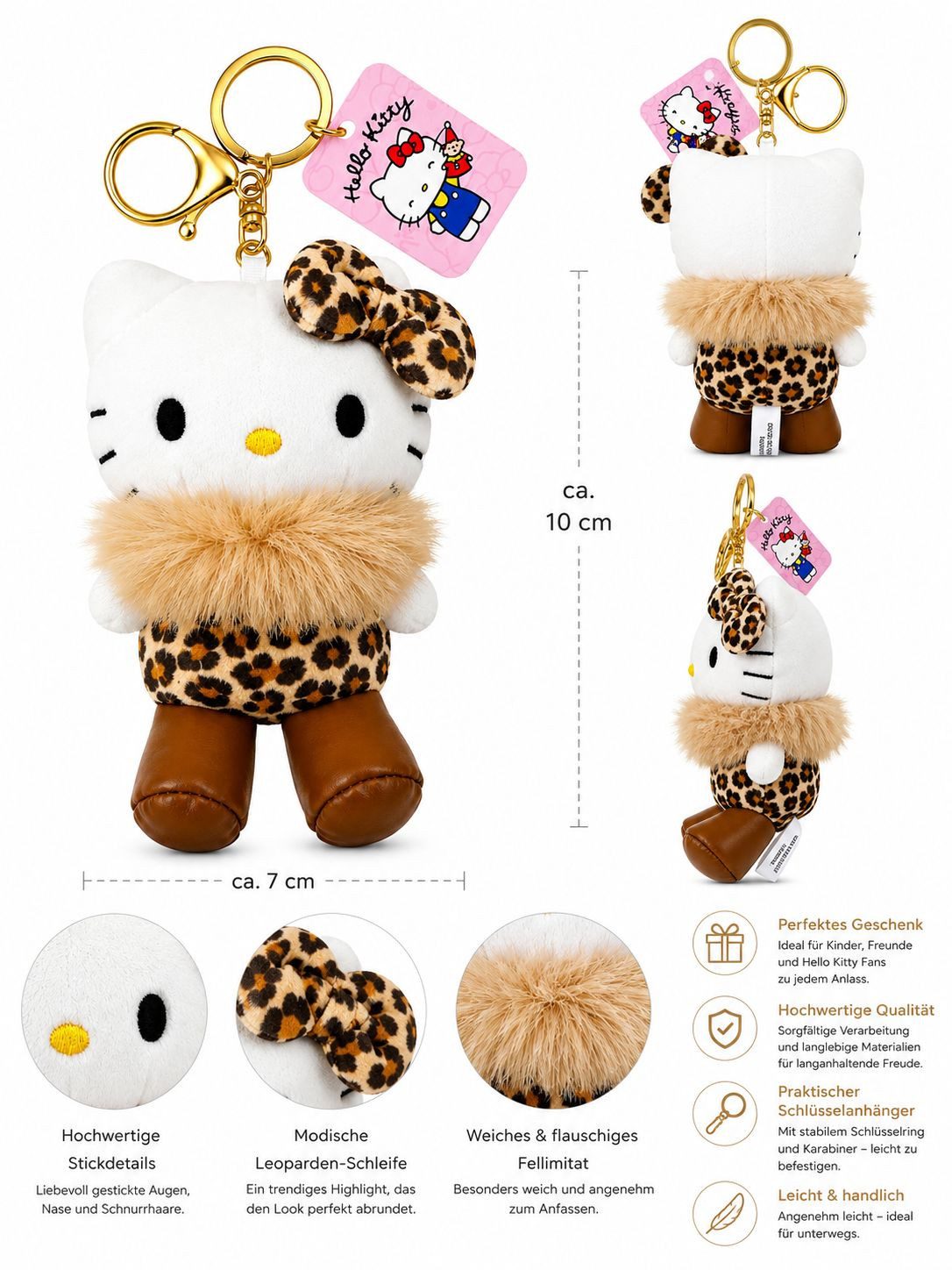 SANRIO Plüschanhänger Hello Kitty Bagclip Kuscheltier Plüsch braun Schlüsselanhänger 10cm (Set, 1-St., Plüschtier mit Anhänger), Weicher Taschenanhänger mit Leo-Design, Clip und Schlüsselring