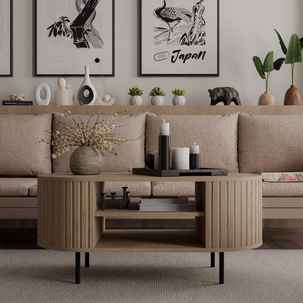 Compleo Couchtisch mit Regalen, Kaffeetisch, OVI Eiche cremona oder Beige günstig online kaufen