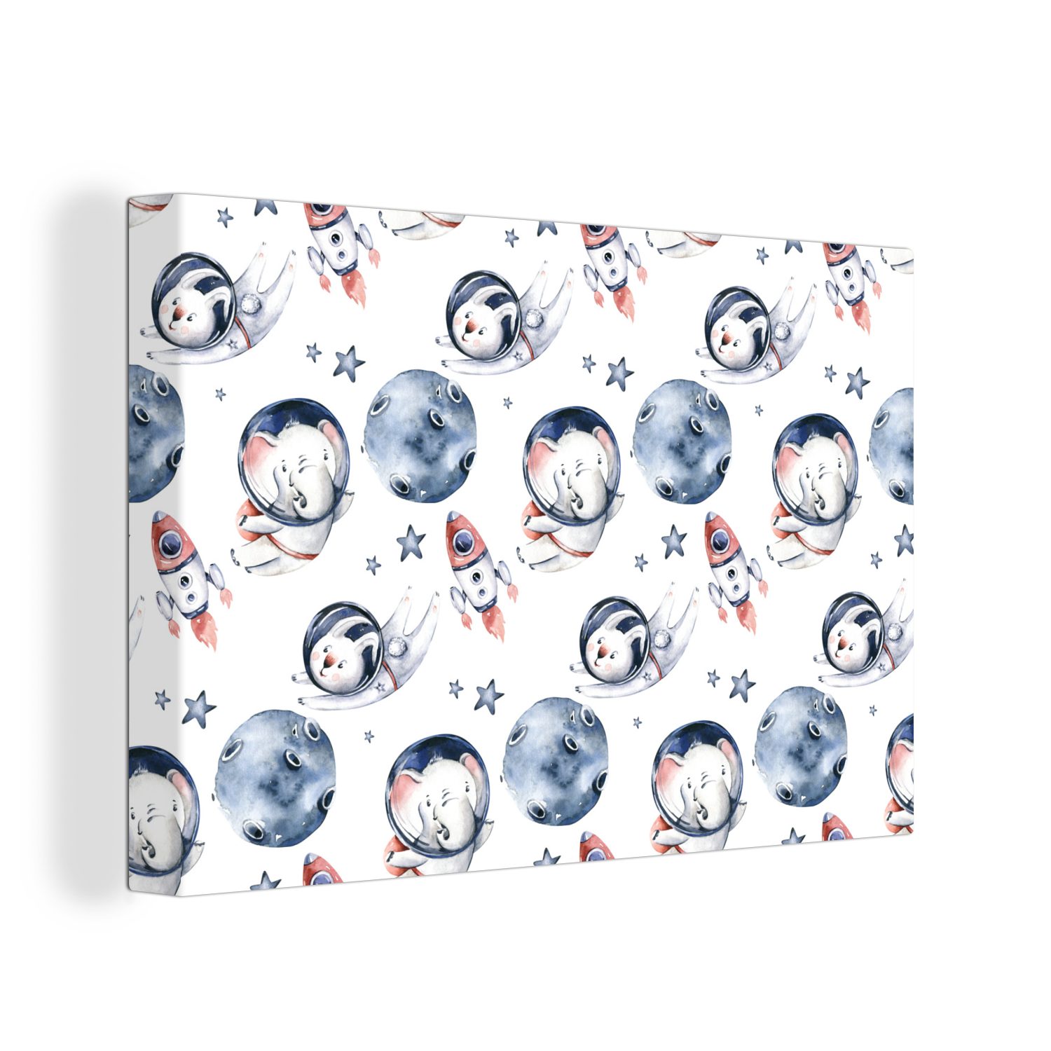 OneMillionCanvasses® Leinwandbild Elefant - Kaninchen - Rakete - Jungen - Mädchen - Kinder - Kind, (1 St), Wandbild Leinwandbilder, Aufhängefertig, Wanddeko, 30x20 cm