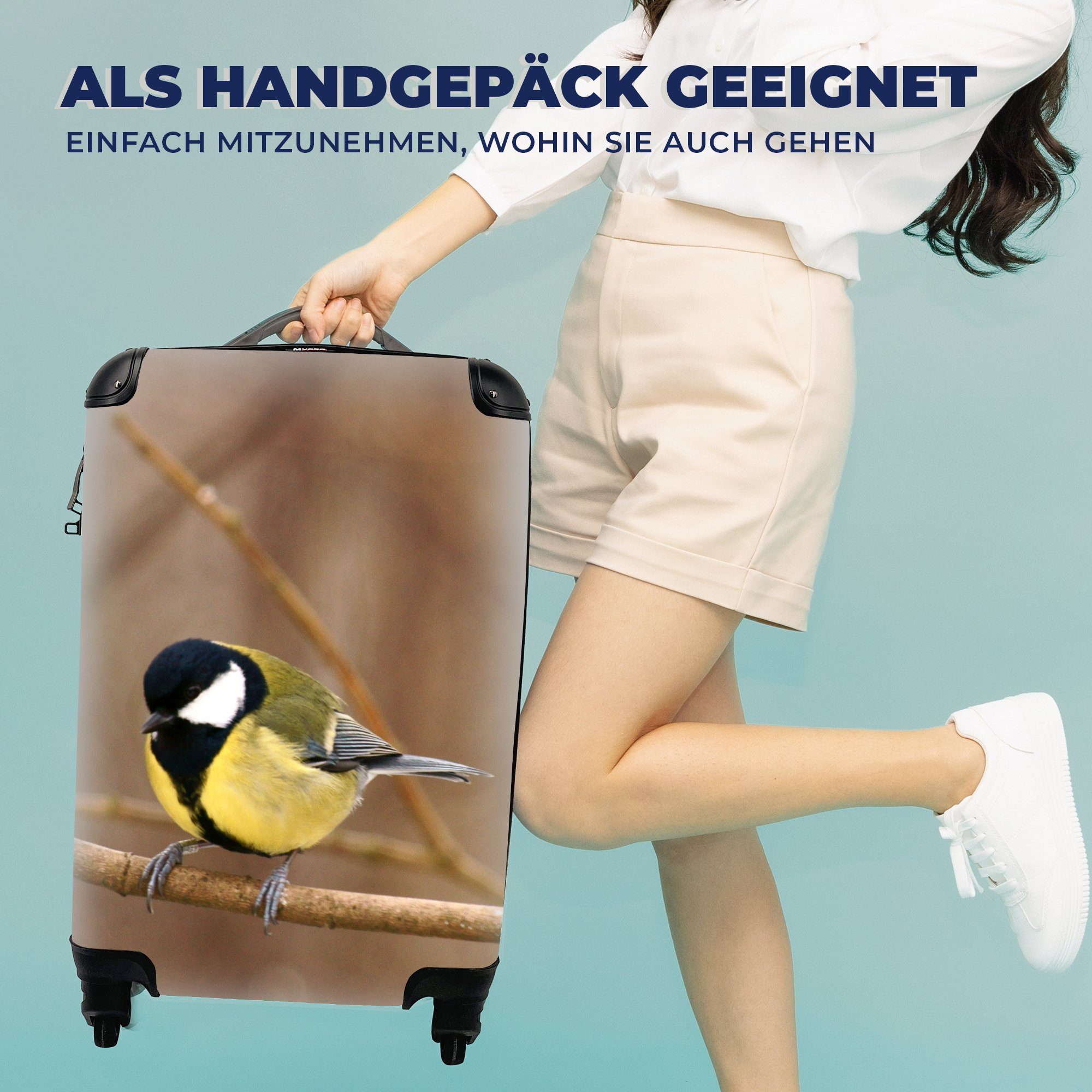 MuchoWow Handgepäckkoffer Reisekoffer Ferien, auf Ast einem Kohlmeise Reisetasche 4 rollen, für Handgepäck sitzend, Trolley, mit Rollen
