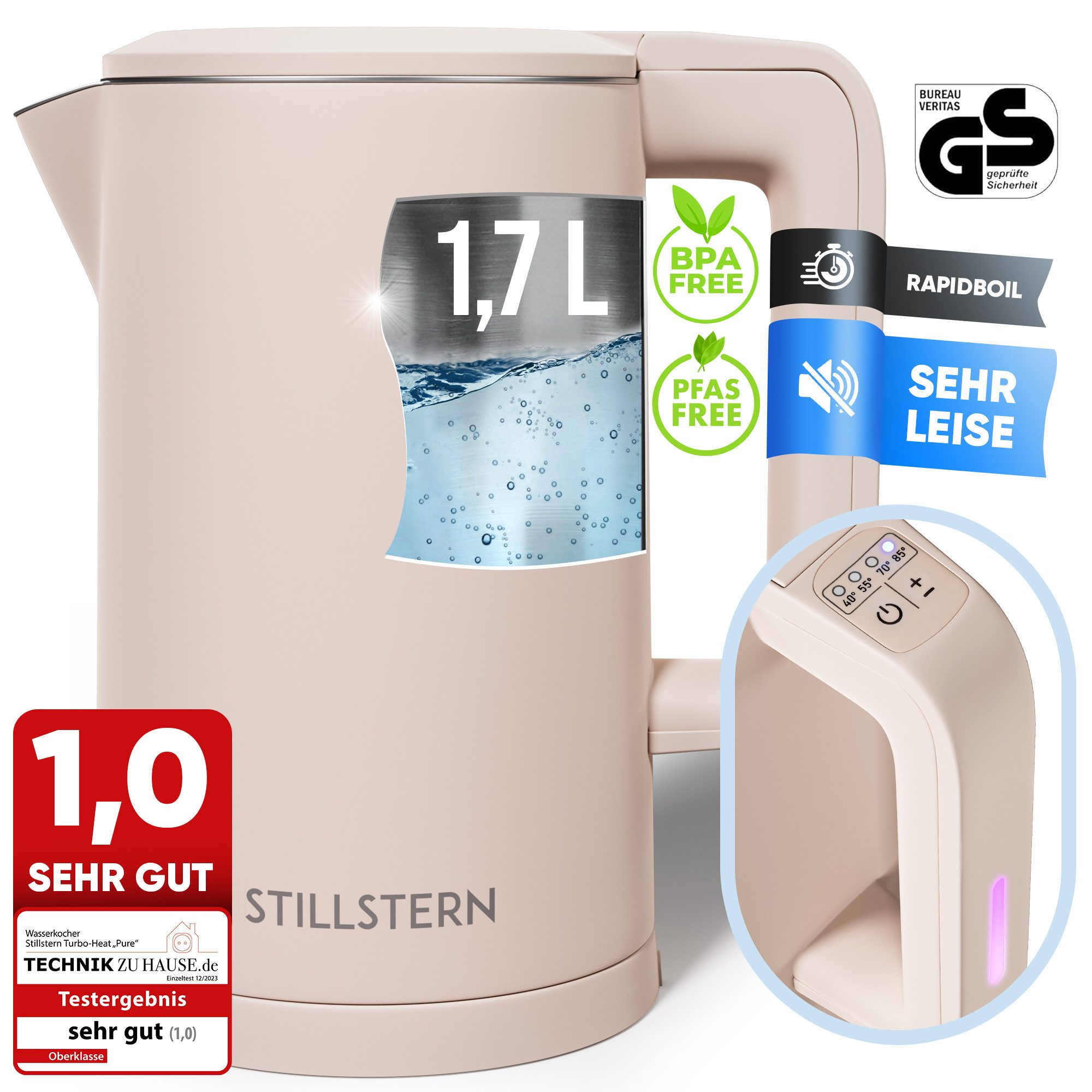 Stillstern Wasserkocher Wasserkocher 1,7L, Schnelles Aufkochen, mit Temperatureinstellung, 1.7 l, 2200 W, 2200W, 12 Std. Warmhaltefunktion, Leise