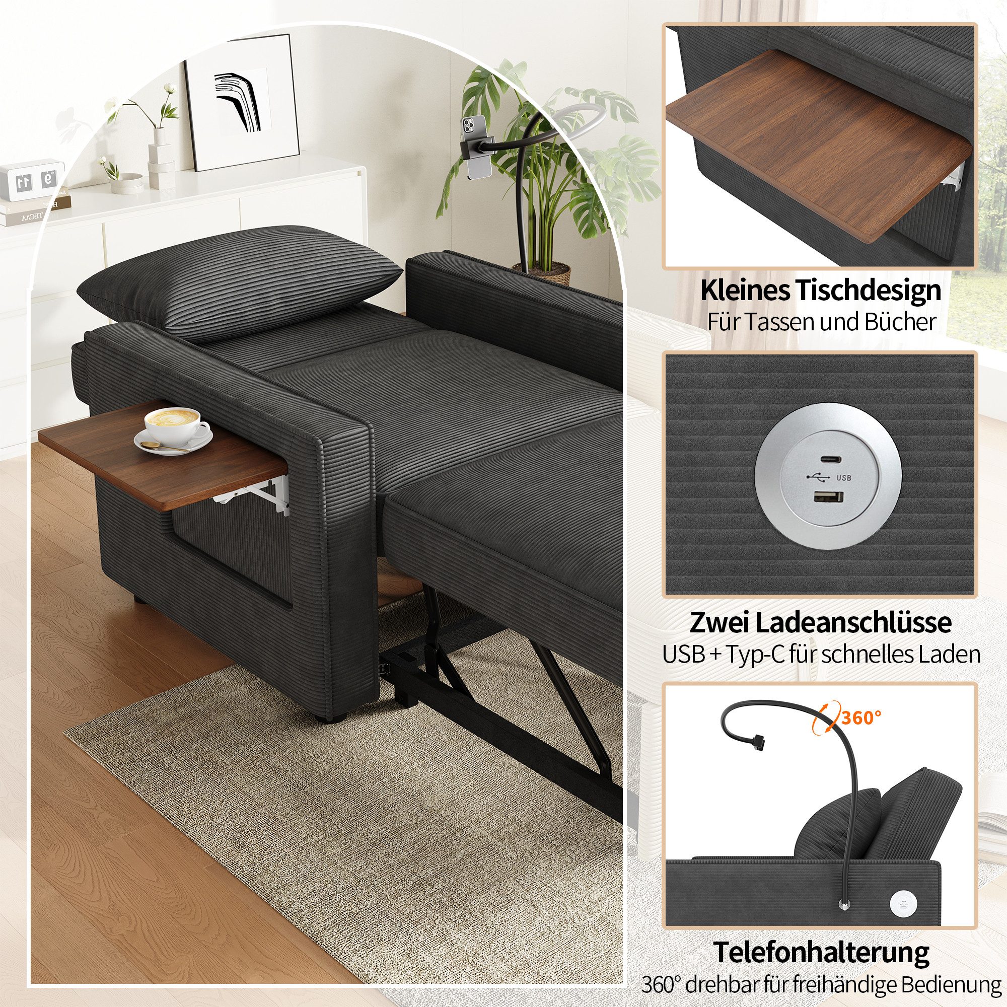 i@home Relaxsessel Schlafsessel mit Bettfunktion 3-in-1 Ausziehbares Schlafsofa (platzsparend für Wohnzimmer und Schlafzimmer), Verstellbarer Einzelsessel mit U – Bild 4 von 5