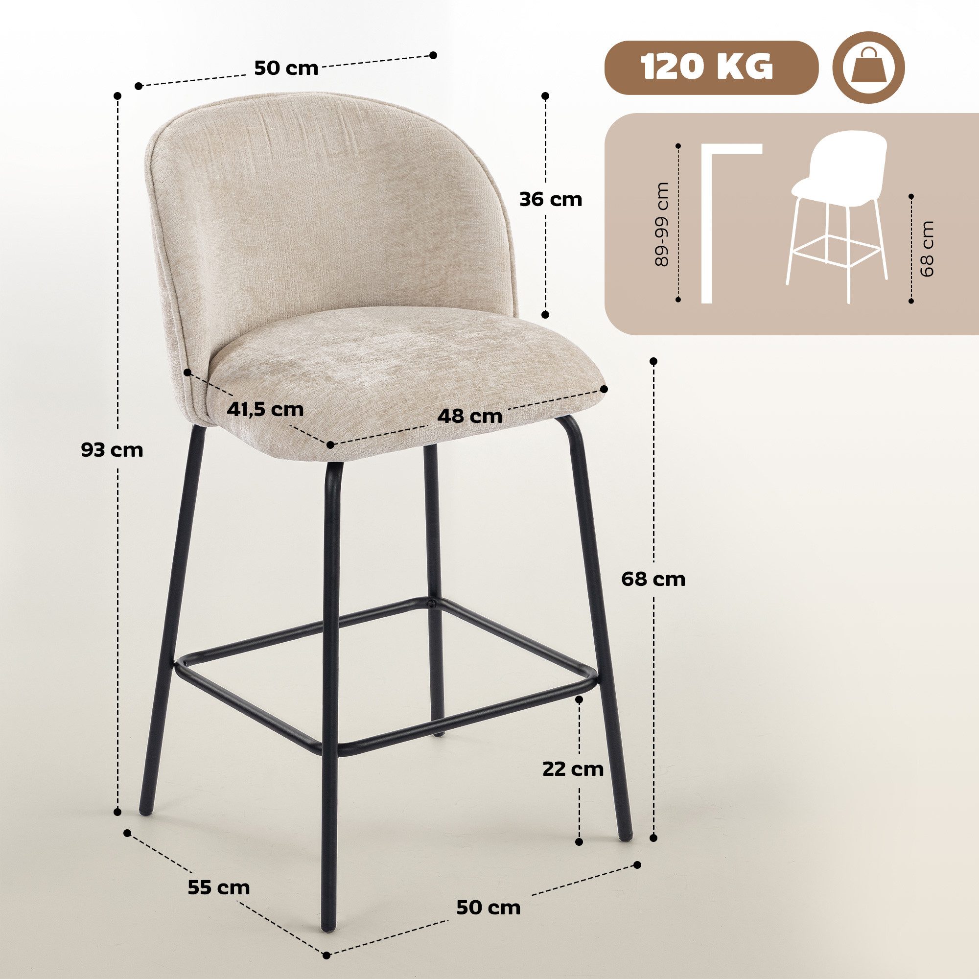 HOMCOM Barhocker Set mit Fußstütze, Lehne, Sitzhöhe 68 cm Loungesessel (Bistrohocker, 2 St., Barstuhl), für Esszimmer, Beige