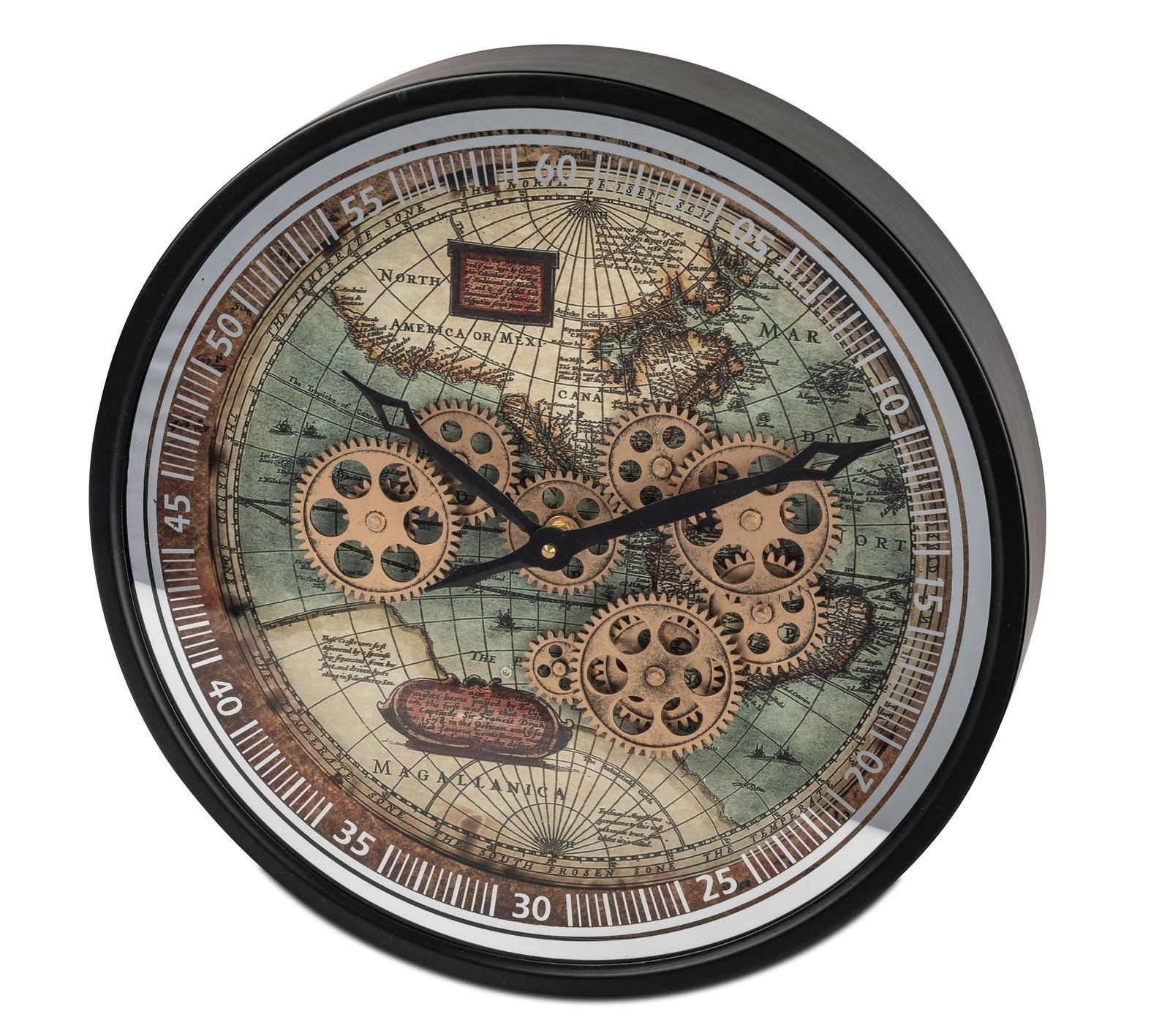 formano Wanduhr Weltkarte Zahnräder 40x40 cm Metall sichtbar drehende Zahnräder (Sichtbar bewegliche Zahnräder)